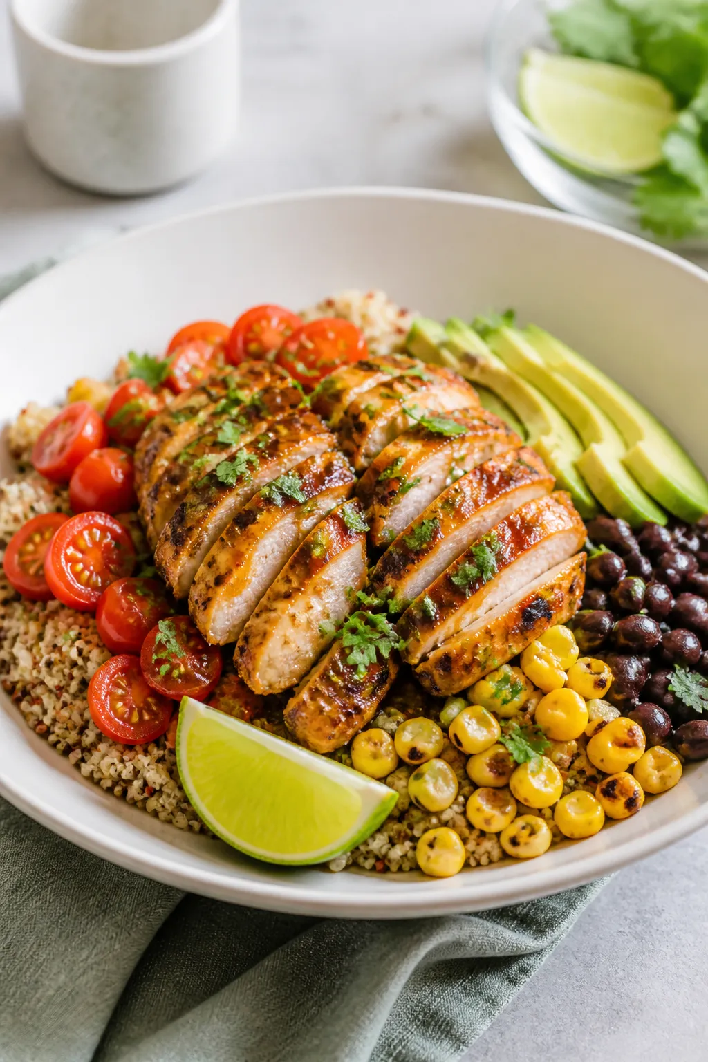 Final plated restaurant-style dish: Beautifully plated chipotle-lime chicken bowl on a wide, matte w