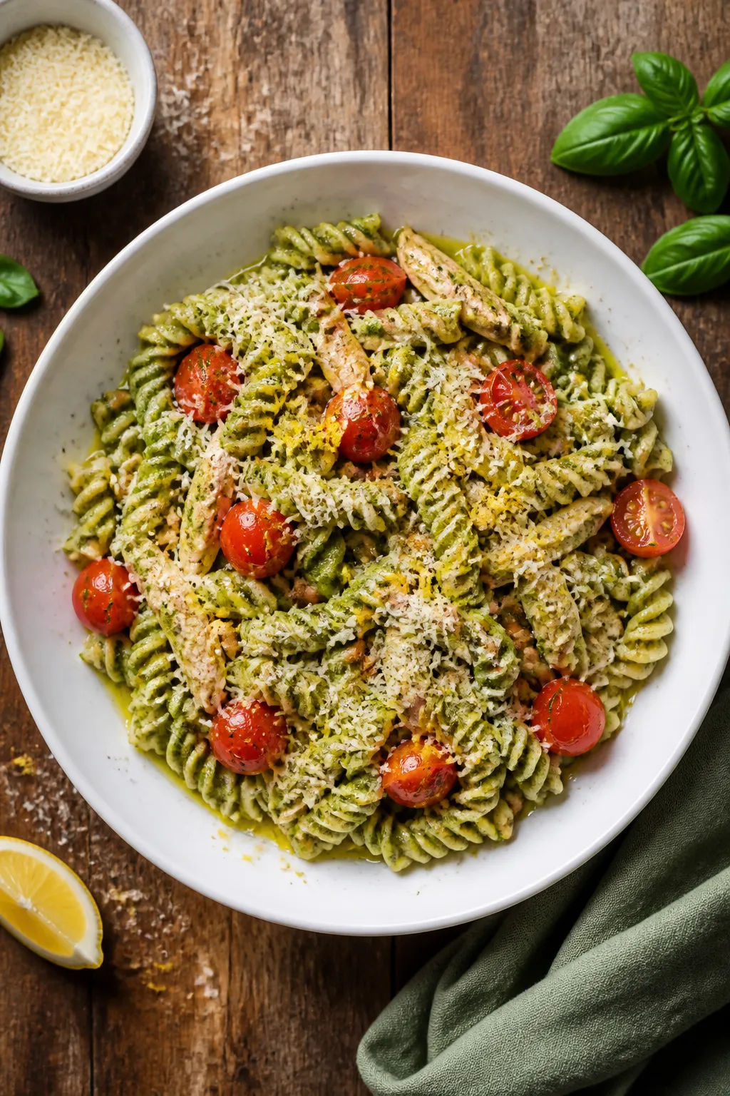 Final plated, top-down: Restaurant-quality bowl of High Protein Rotisserie Chicken Pesto Pasta, over