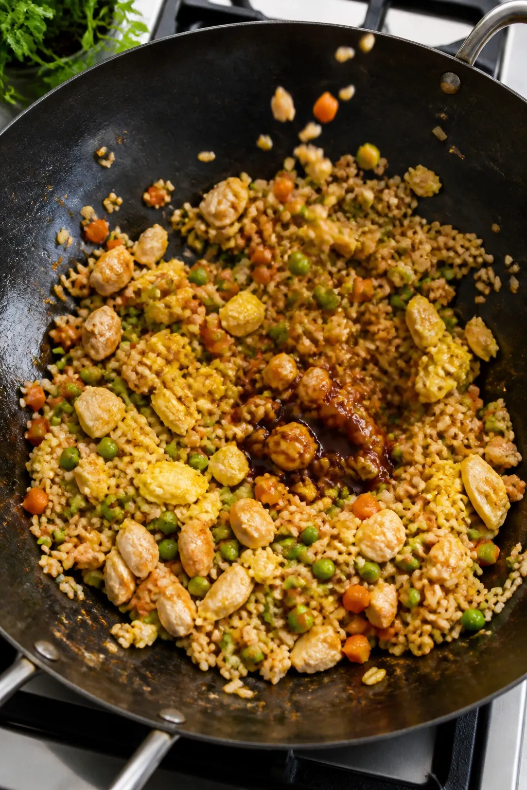 Overhead cooking process shot: Low Calorie Chicken Fried Rice mid-toss in a well-seasoned wok, showi