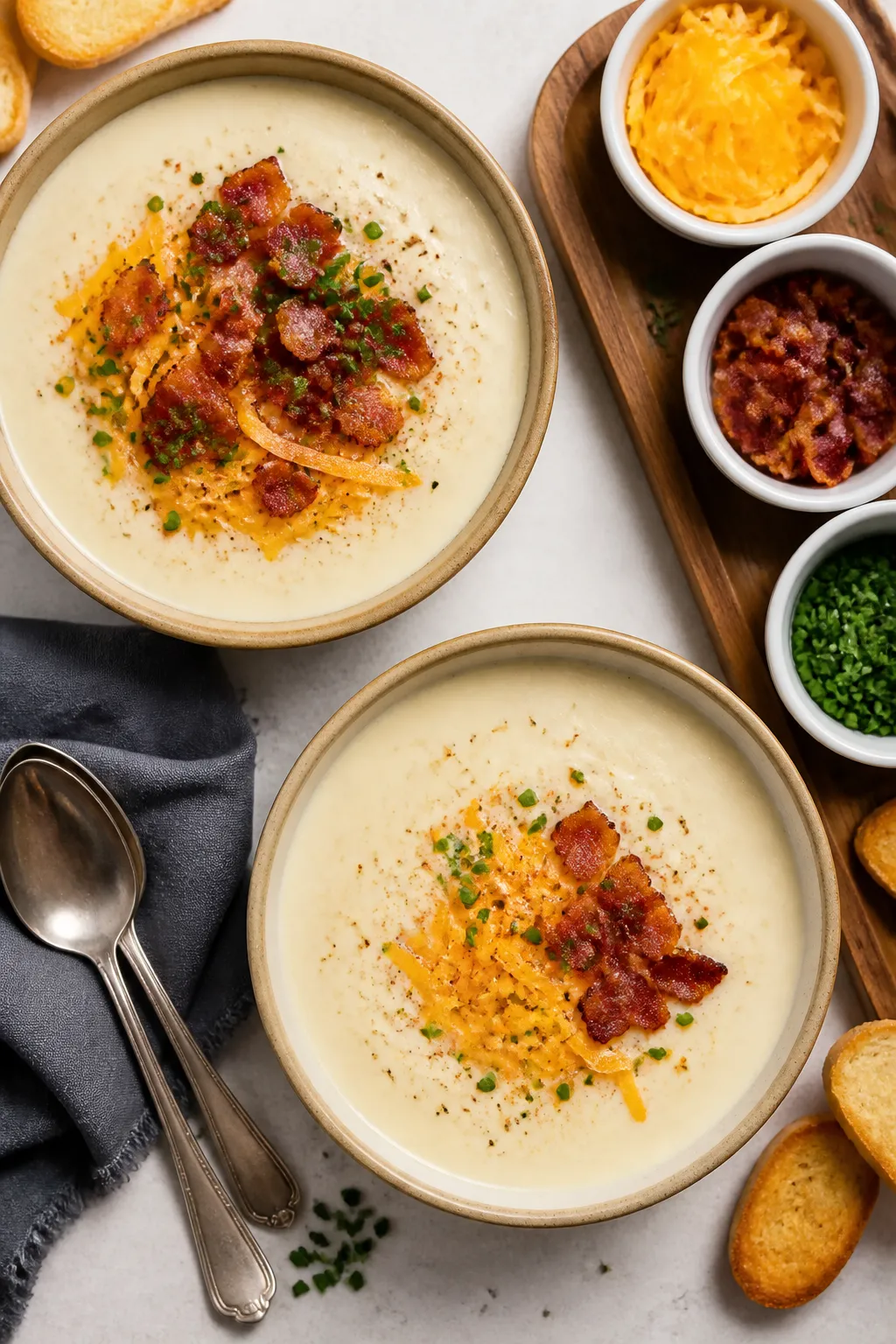 Overhead “loaded” top view: Tasty top-down shot of two bowls of the finished cauliflower soup wi