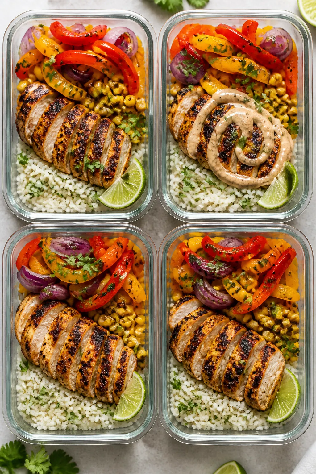 Overhead âmeal prep bowlsâ shot: of four meal prep containers neatly arranged, each with a base