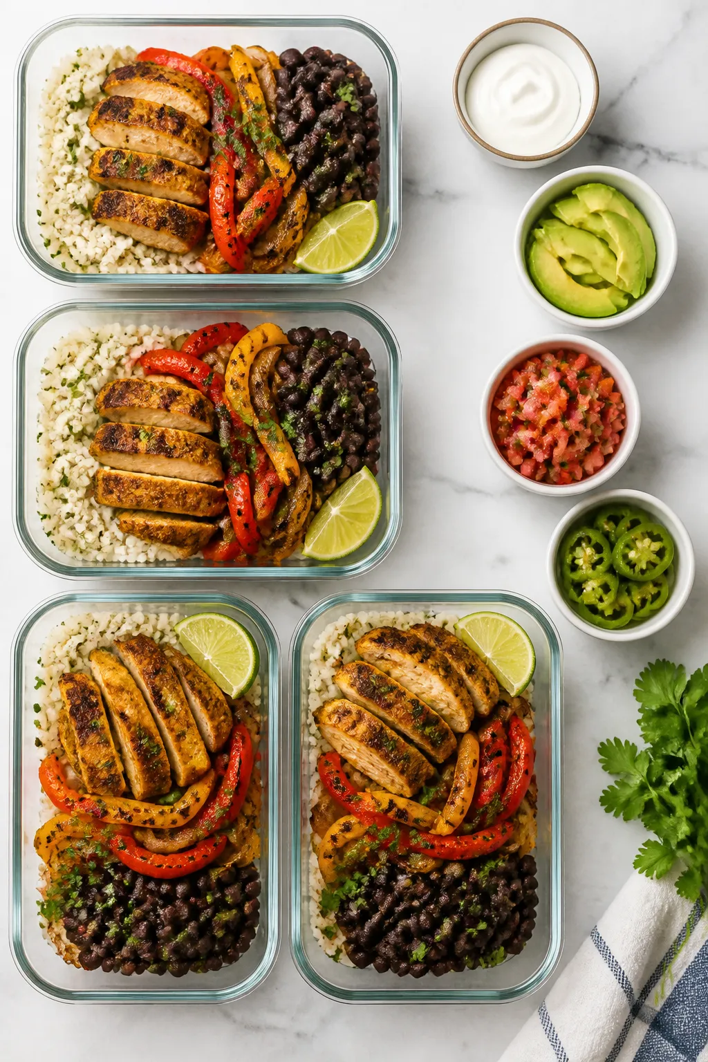Overhead meal-prep lineup: of five neatly arranged glass meal prep containers filled with fluffy whi