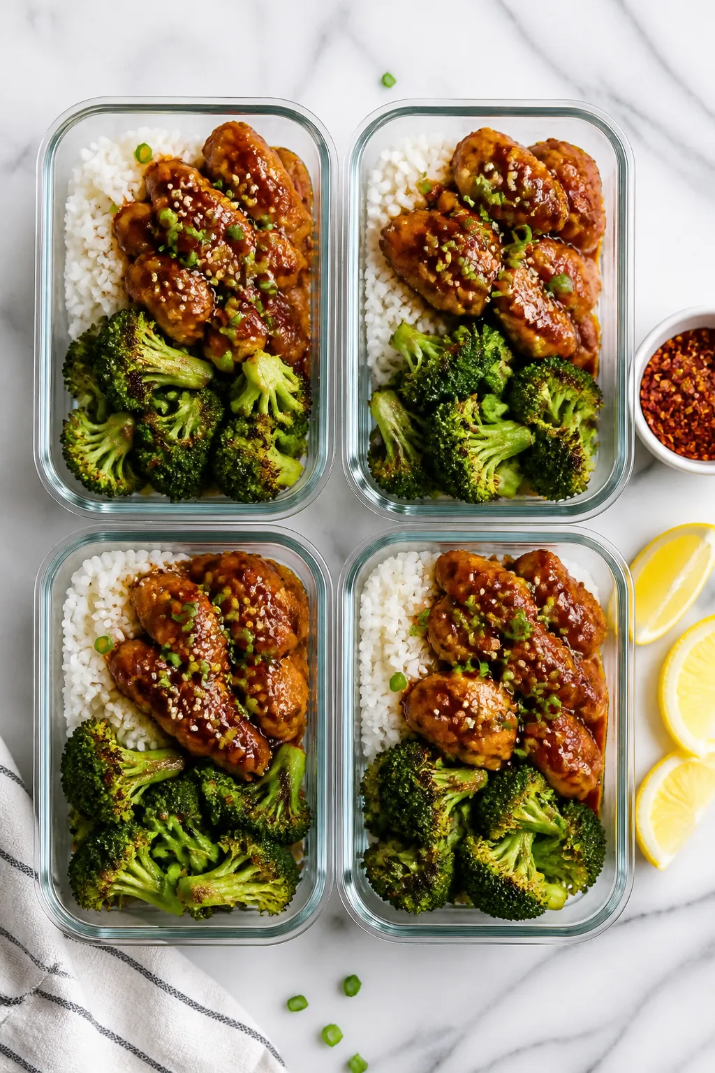 Overhead “meal prep” top view: Four neatly portioned glass containers filled with rice, saucy ch