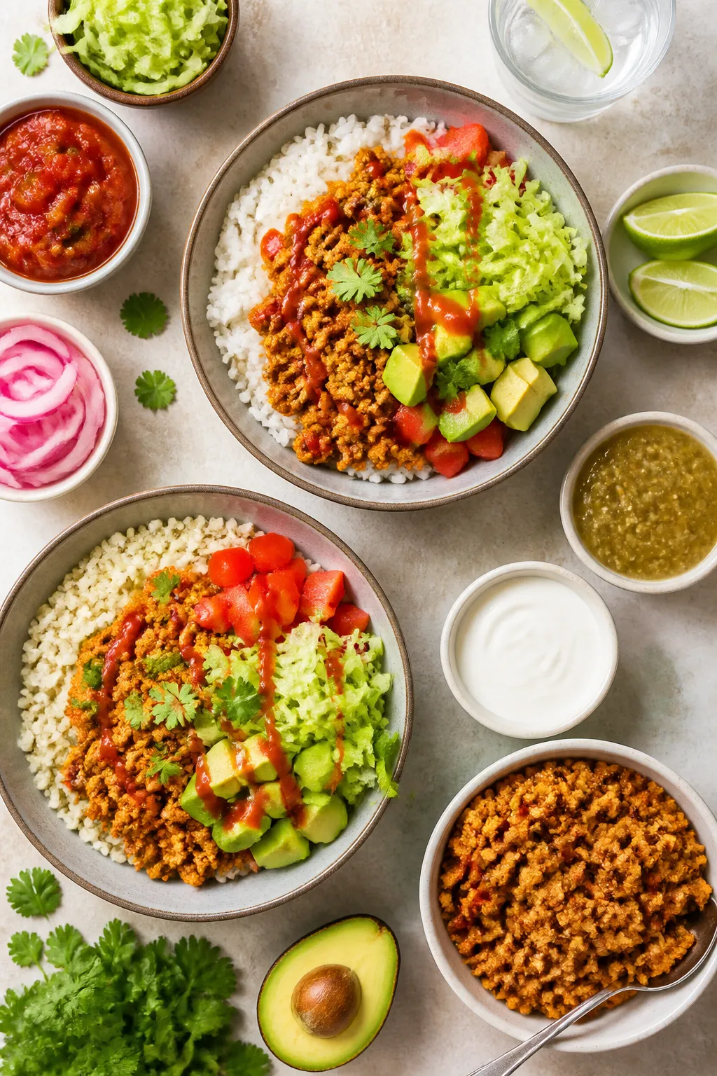 Overhead meal-prep/top-view spread: Tasty top-down shot of multiple assembled turkey taco bowls and 
