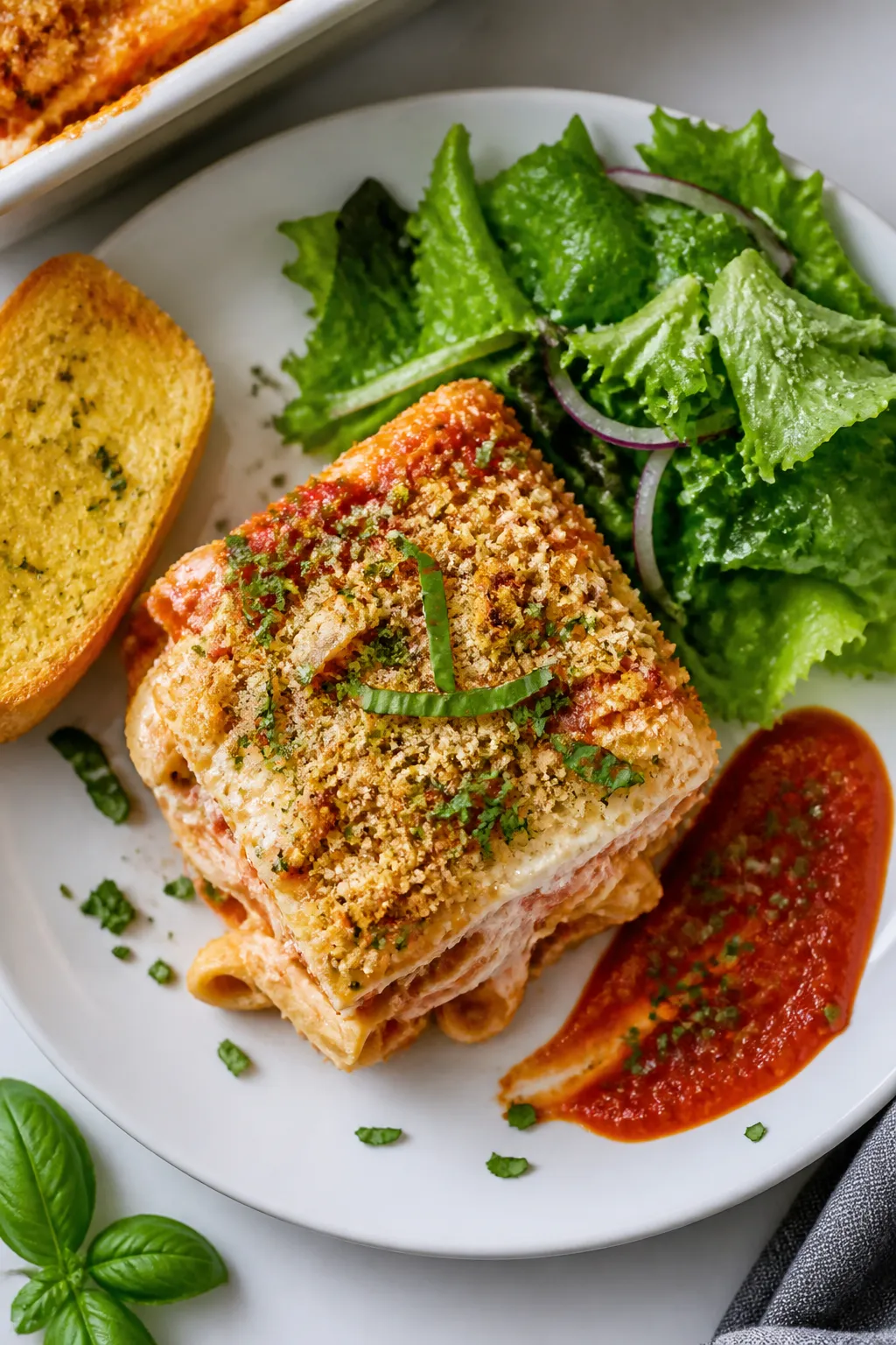 Overhead “slice and serve” moment: a neatly cut square of the casserole lifted onto a white cera