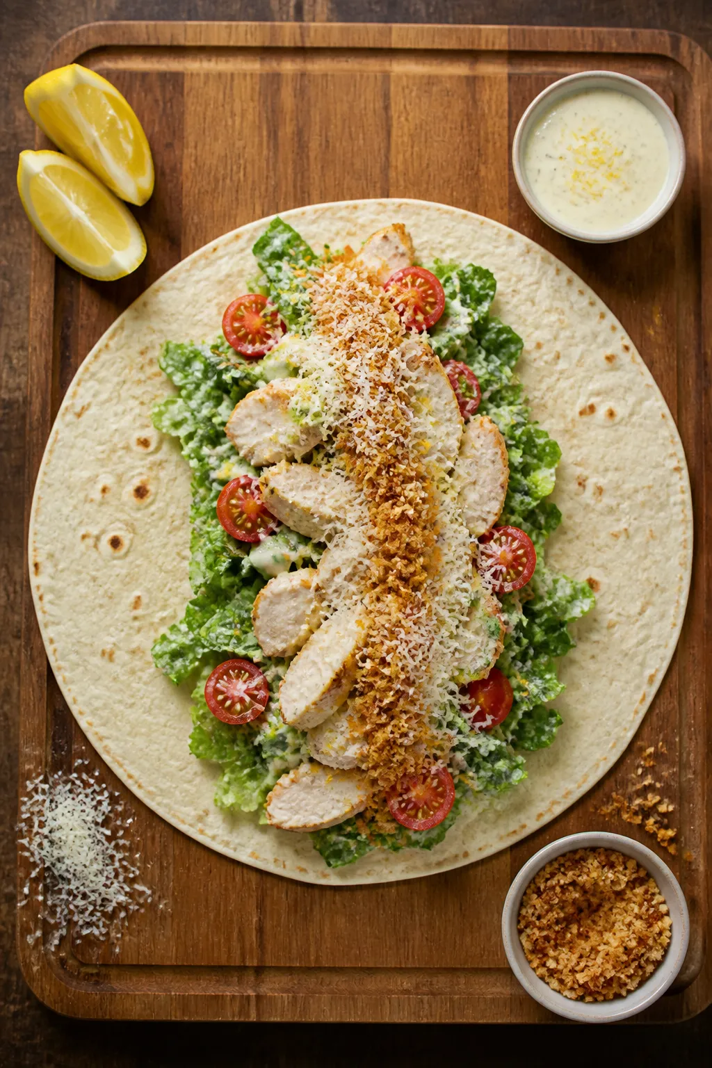 Overhead ātasty top viewā: An assembly scene of the prepared wrap before rollingālarge high-pr