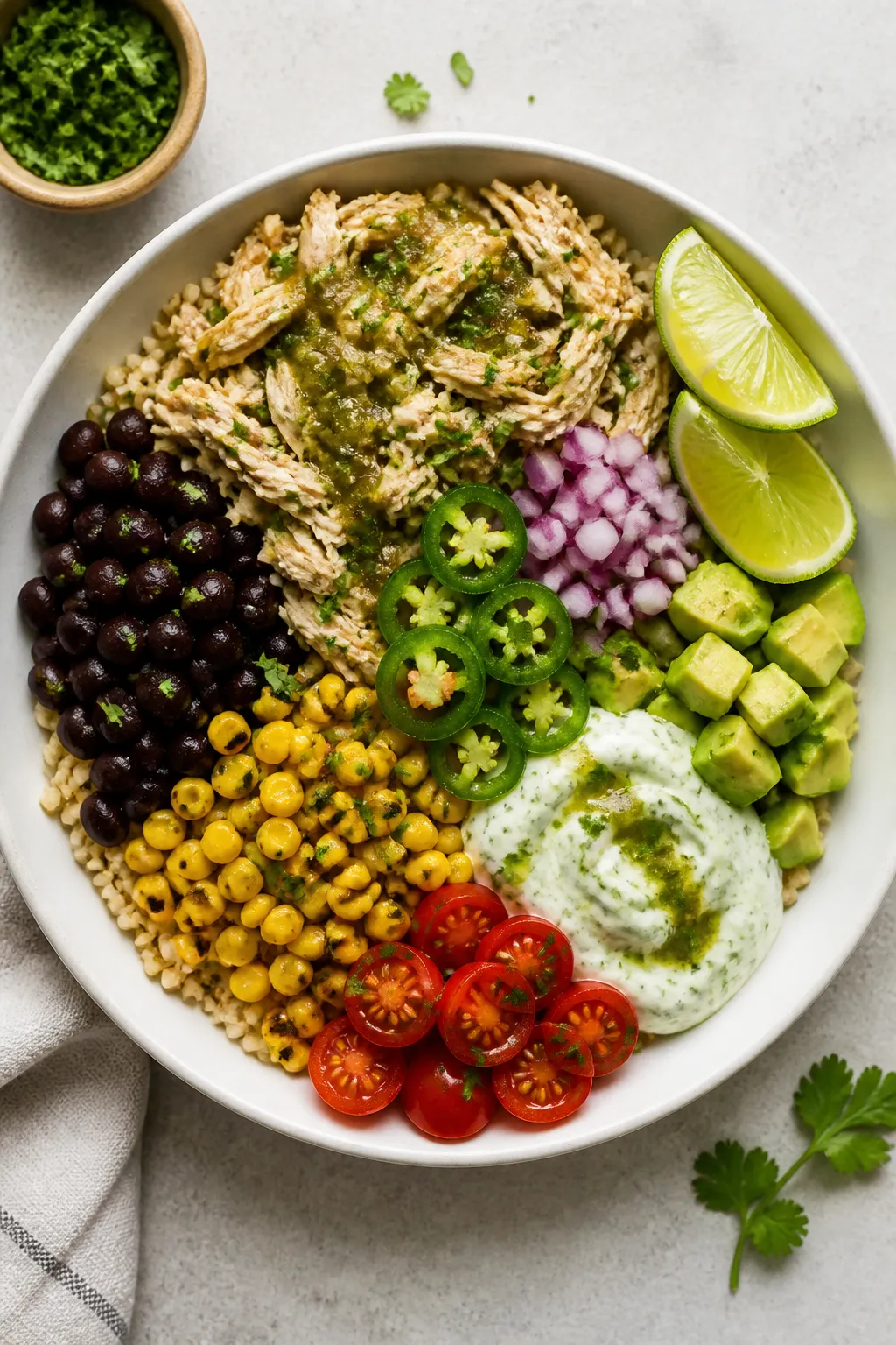 Overhead “tasty top view” assembly: High Protein Salsa Verde Chicken Bowl arranged in a wide mat