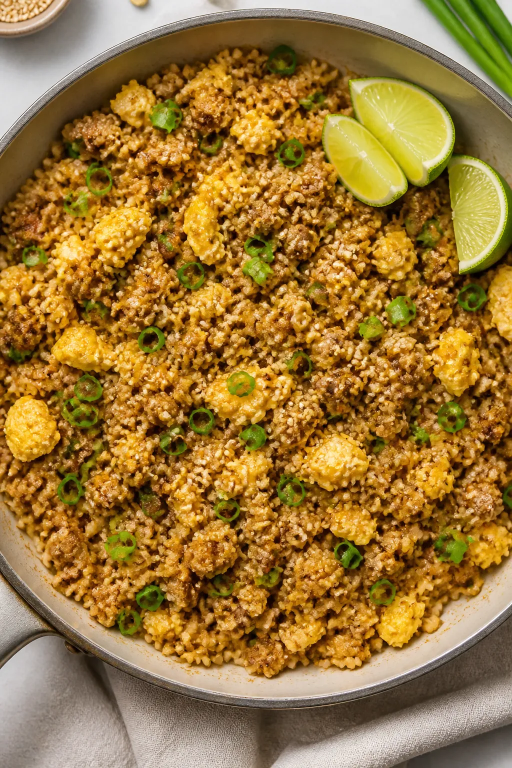 Overhead tasty top view: Final high-protein ground chicken fried rice spread in a wide skillet, even