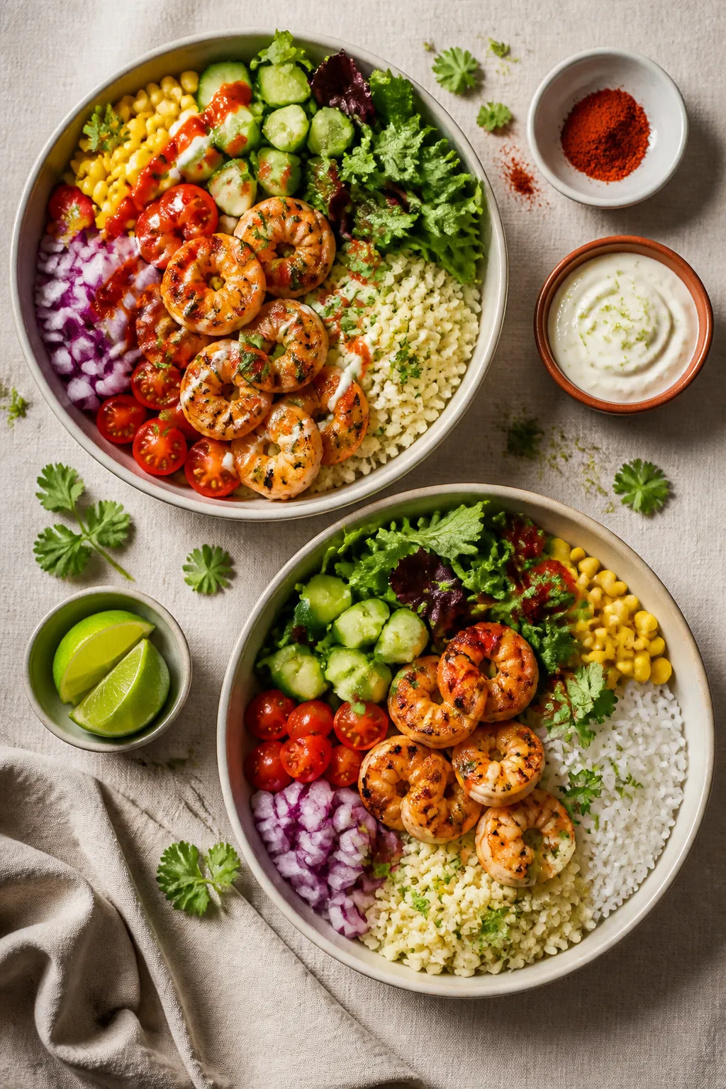 Overhead “tasty top view”: Meal-prep lineup of two variations—one bowl with cauliflower rice,