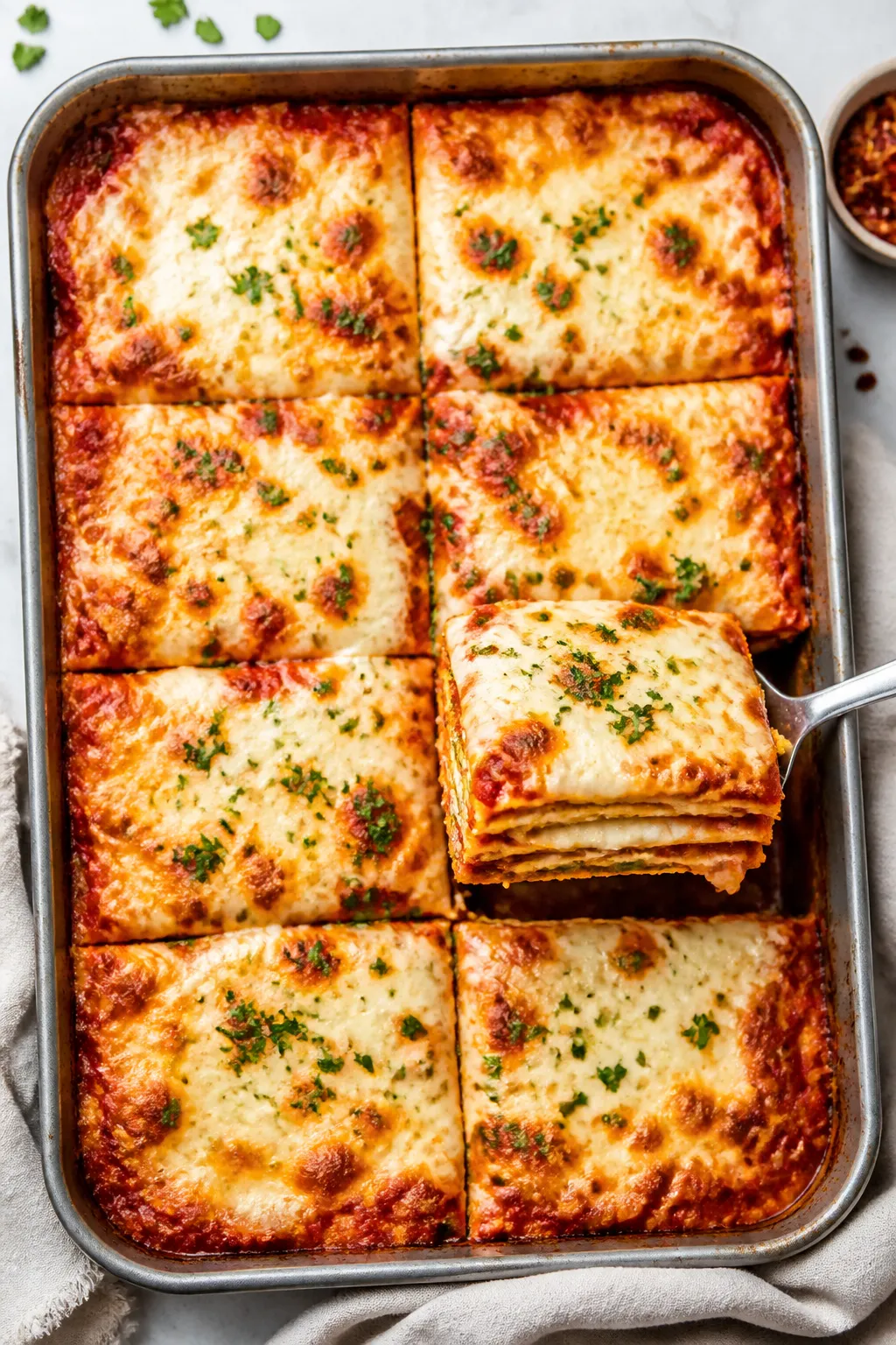 Overhead âtasty top viewâ of the full 9x13 pan fresh from the oven with foil removed: evenly bro