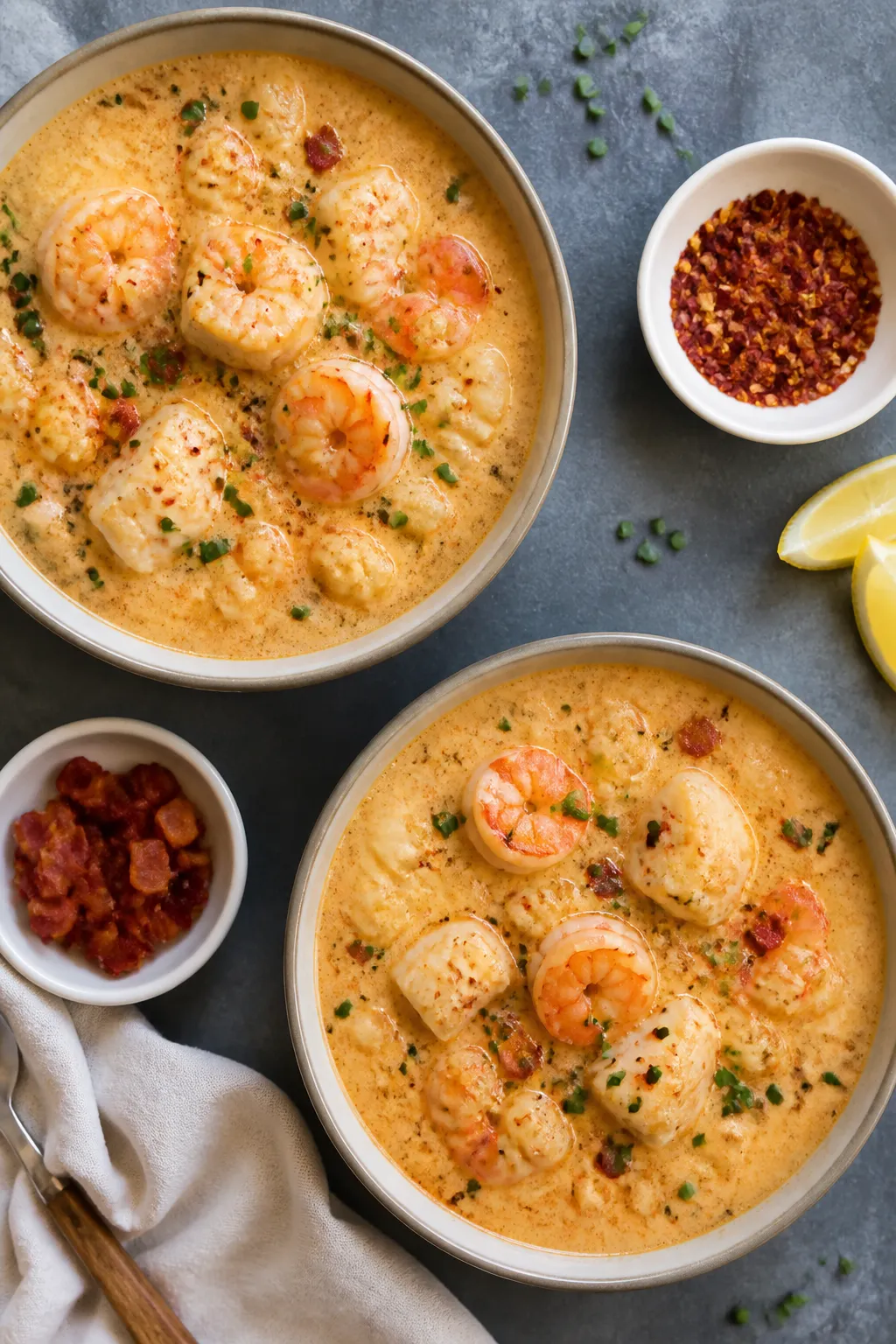 Overhead âtasty top viewâ: Top-down shot of two servings of keto seafood chowder on a slate-gray