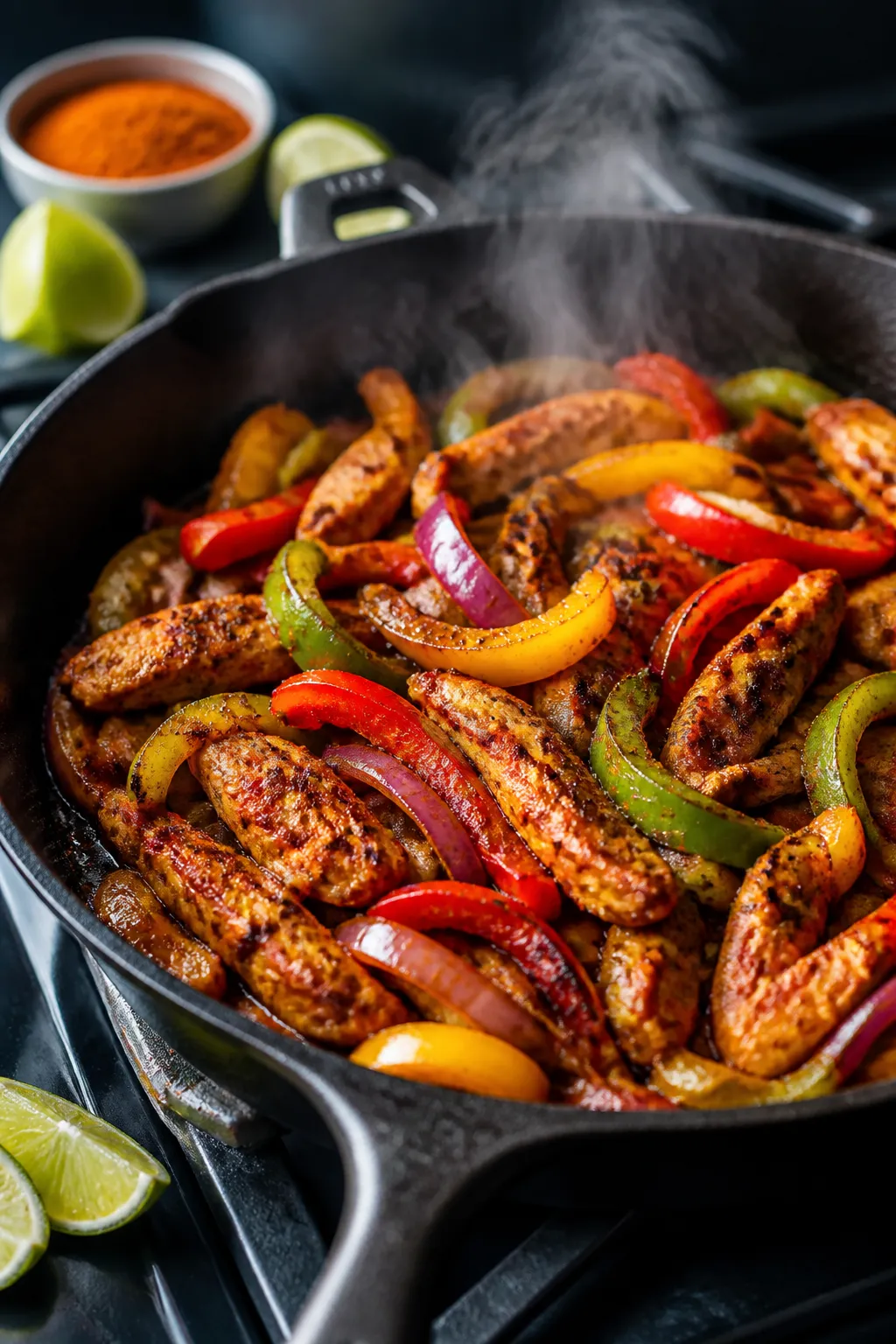 Skillet sear action shot: Cooked chicken fajita strips tossed with tender-crisp bell peppers (red, y
