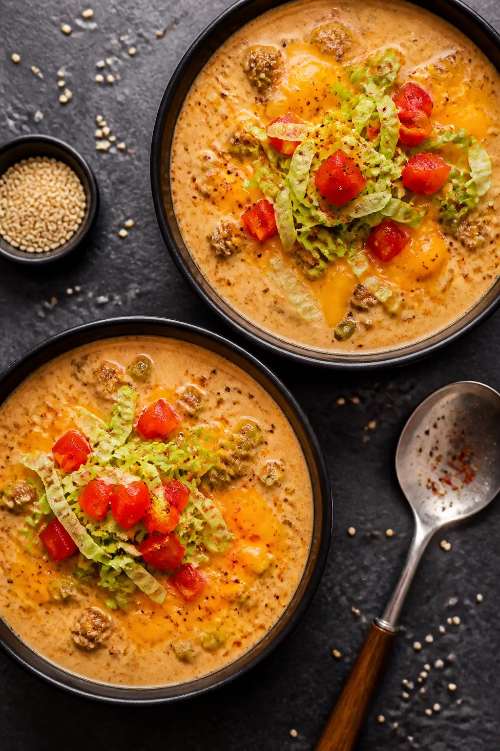 Tasty : Overhead shot of two bowls of cheeseburger soup on a slate-gray table, cheddar melted smooth