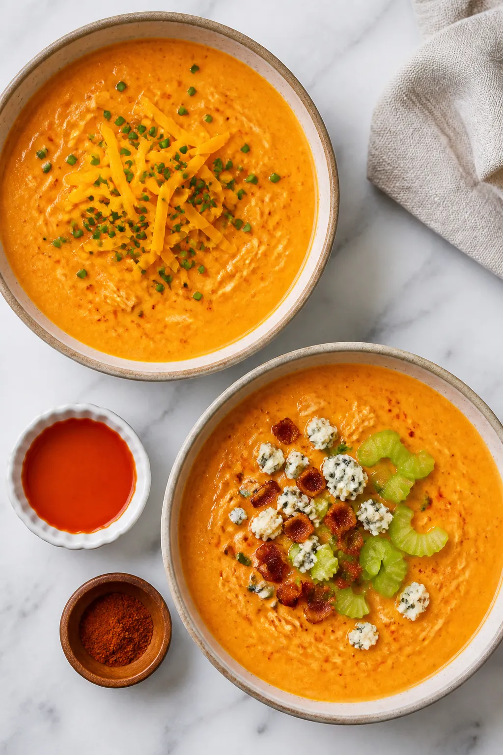 Tasty : Overhead shot of two bowls of Keto Buffalo Chicken Soup on a light marble backdropâvivid o