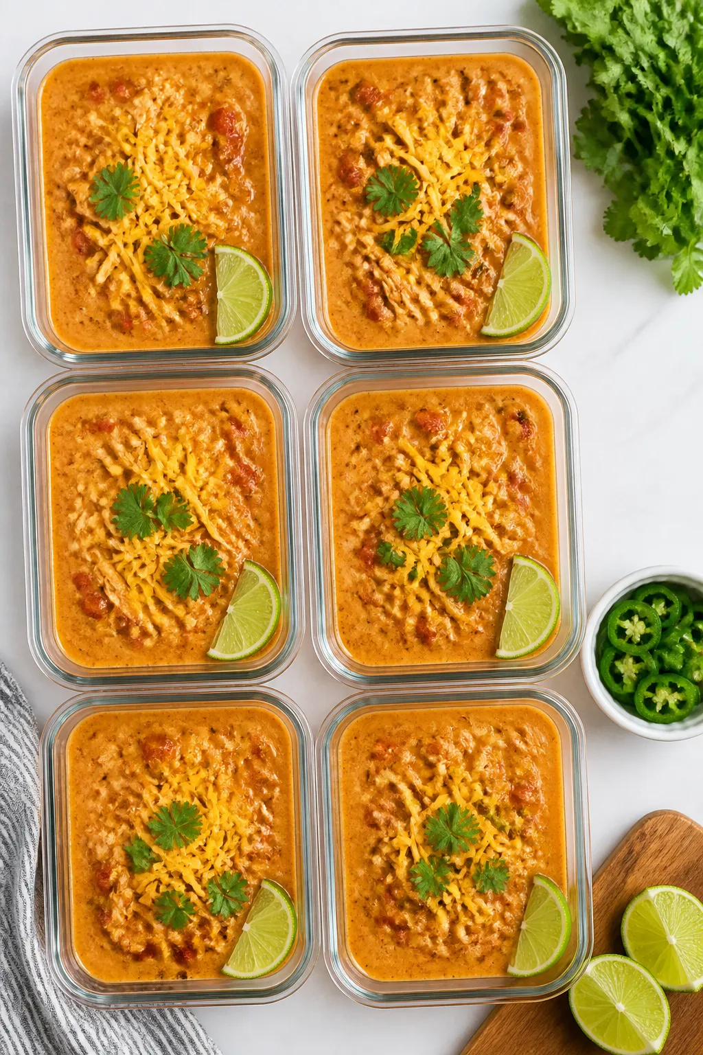 Tasty top-down meal prep spread: Overhead shot of multiple servings of low carb chicken enchilada so