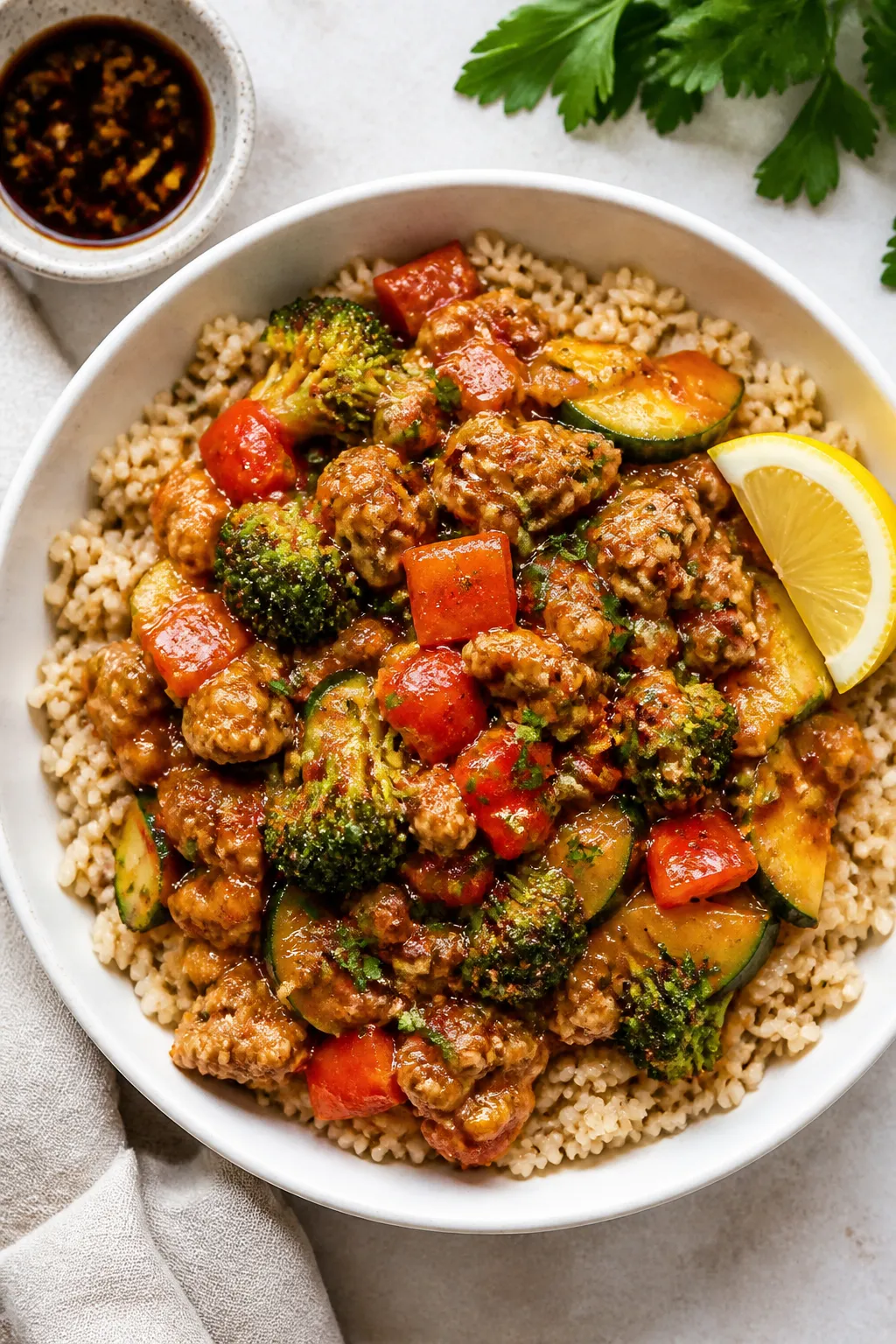 Tasty top-down shot: Overhead image of the finished high-protein ground chicken skillet spooned over