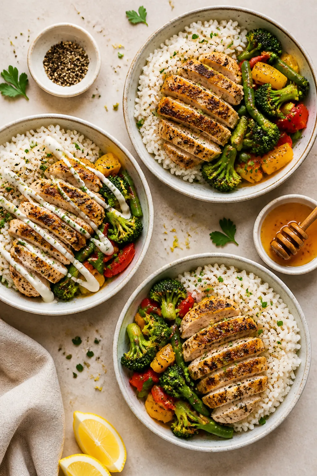 Tasty top-down variation: Overhead shot of meal-prep style bowls—two to three neatly arranged rice