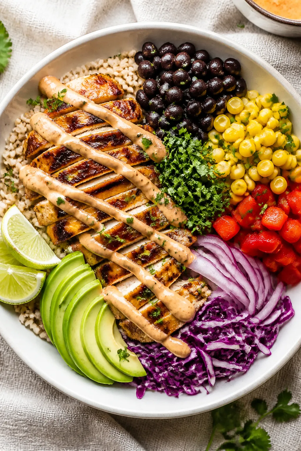Tasty top view — assembled bowl: Overhead shot of a High Protein BBQ Chicken Rice Bowl arranged in