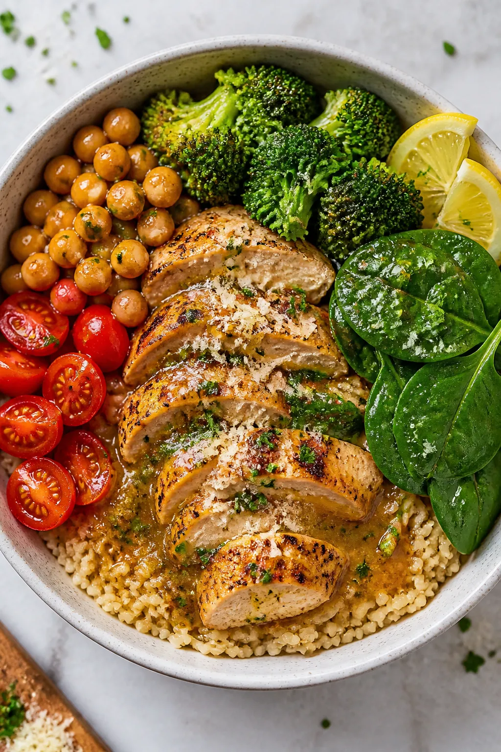 Tasty top view — Assembled Garlic Butter Chicken Protein Bowl: Overhead shot of a deep ceramic bow