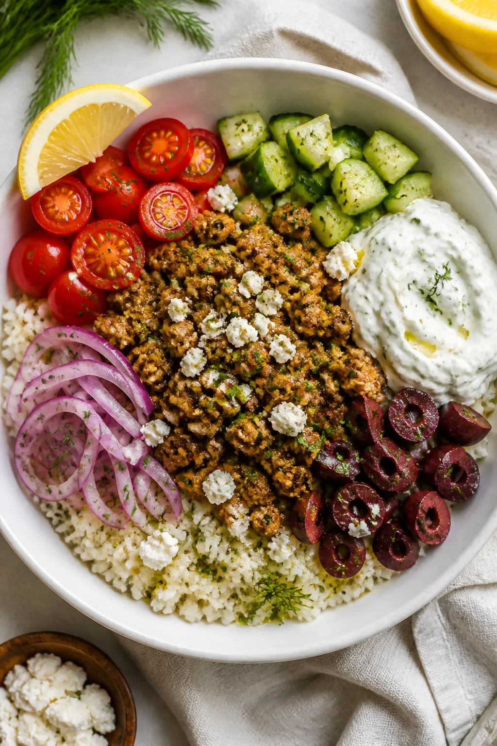 Tasty top view â assembled Greek bowl: Overhead shot of a composed Ground Chicken Greek Bowl in a