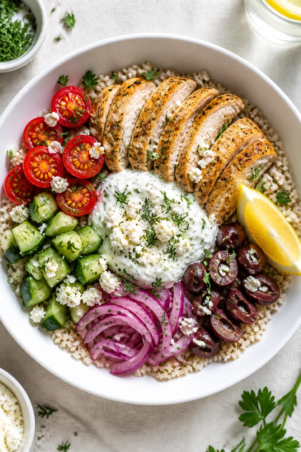 Tasty top view â Assembled Greek chicken rice bowl: Overhead shot of a low-calorie Greek chicken r