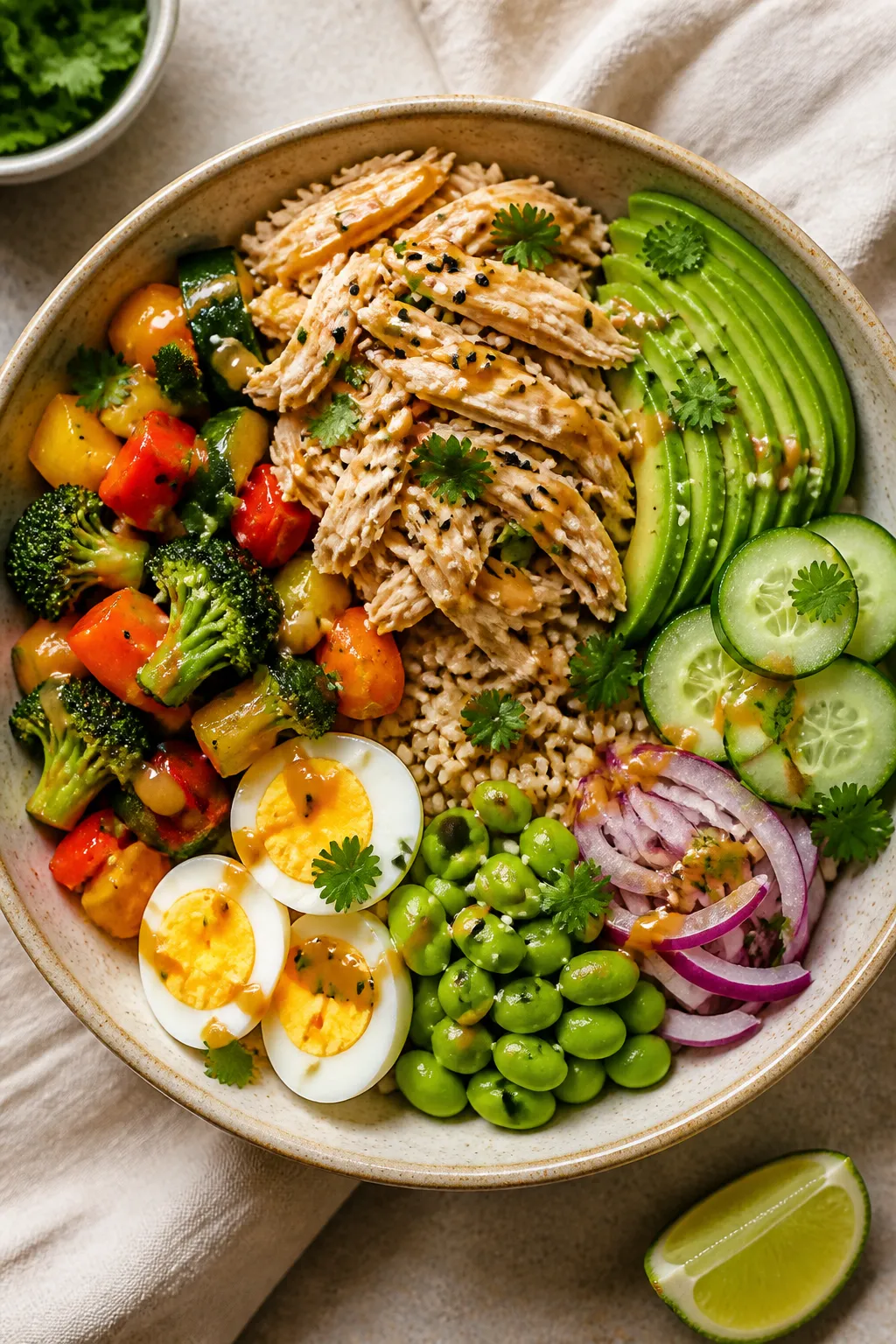 Tasty top view â assembled high-protein bowl: Overhead shot of a brown rice bowl topped with gener