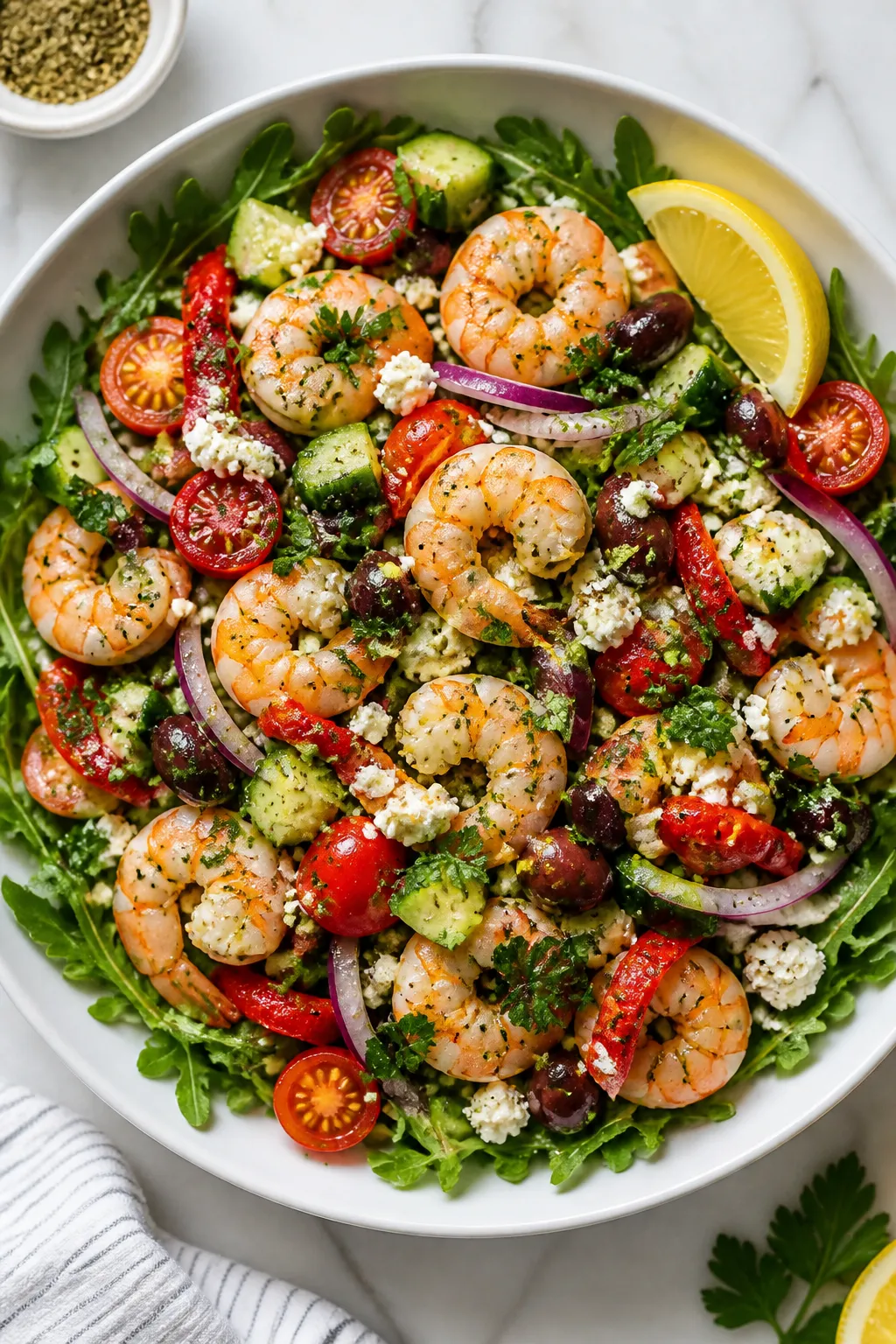Tasty top view — Assembled Mediterranean shrimp salad bowl: Overhead shot of the prepared salad to