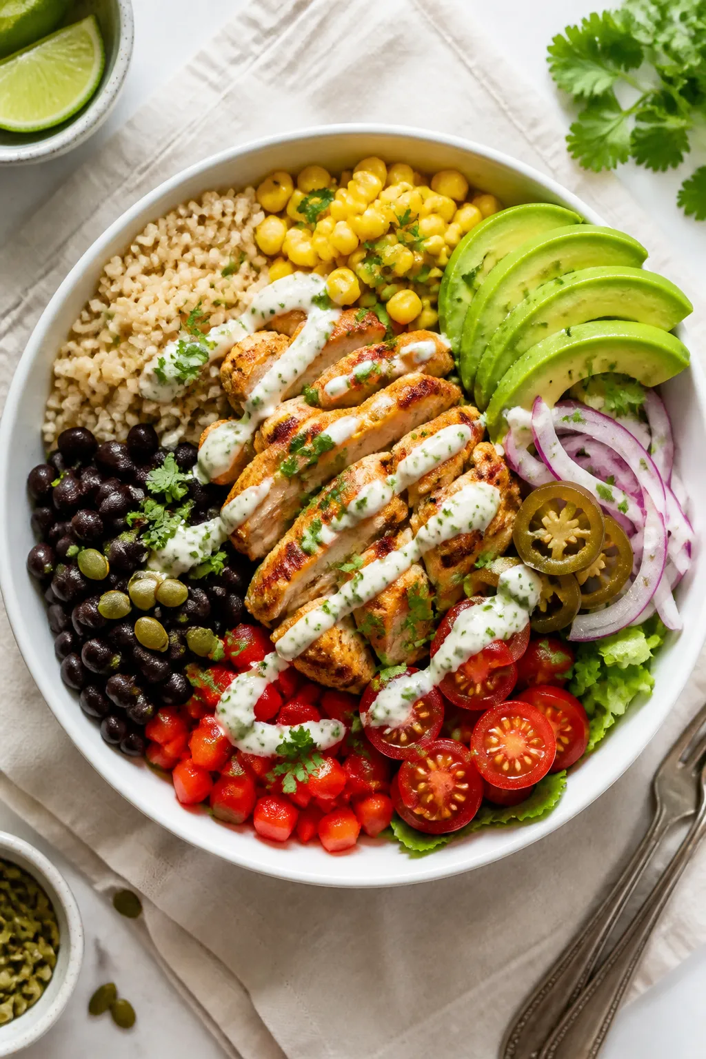 Tasty top view — Build-the-bowl layout: Overhead shot of a fully assembled Southwest Chicken Prote