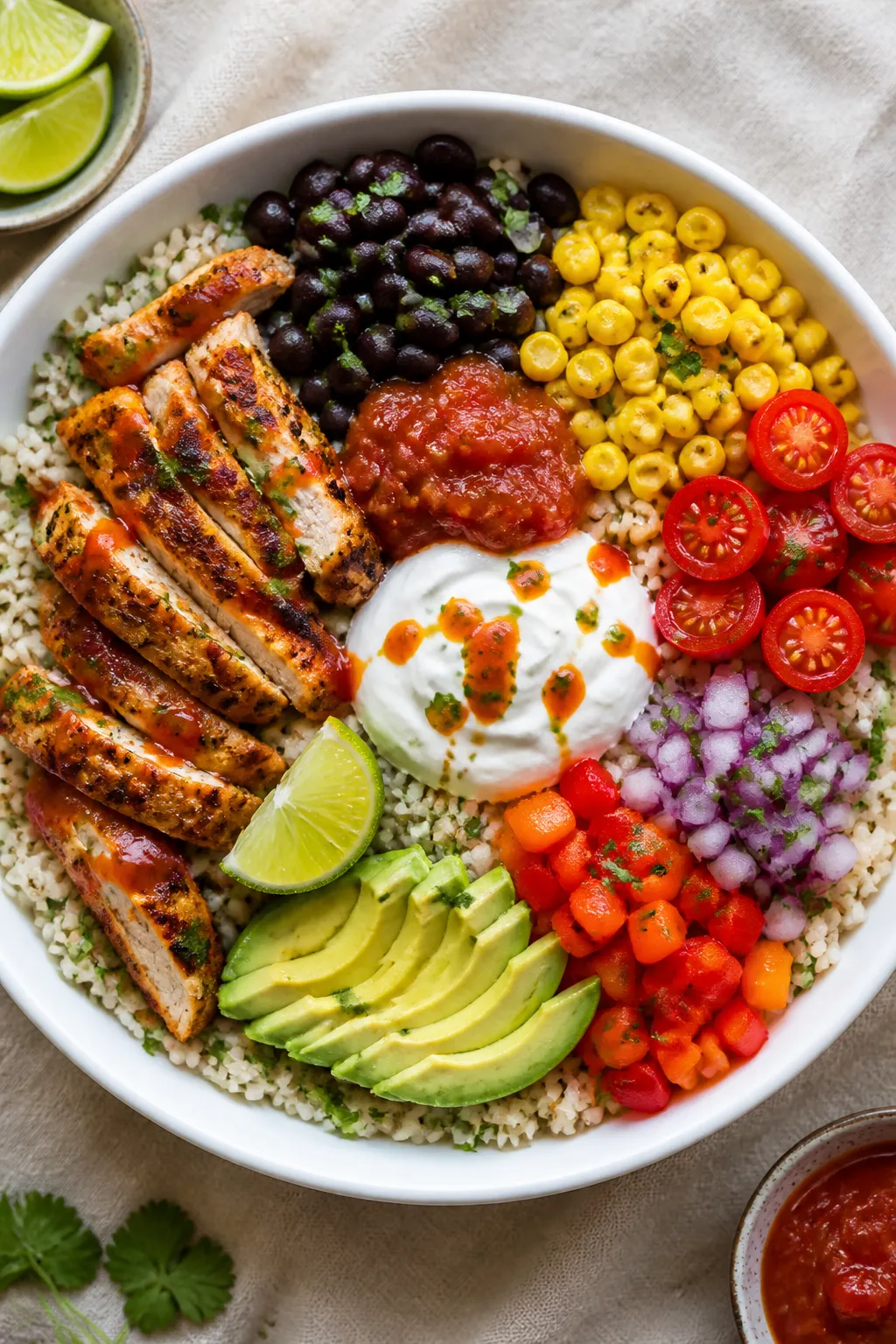 Tasty top view — Build-your-own bowl: Overhead shot of a high-protein chicken burrito bowl artfull