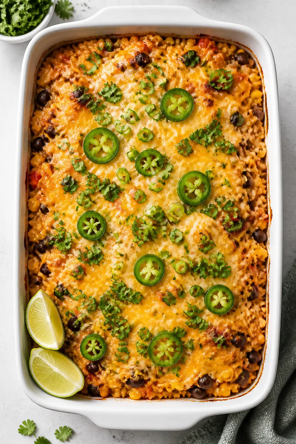 Tasty top view (casserole in pan): Overhead shot of freshly baked Chicken Taco Casserole in a 9x13 d