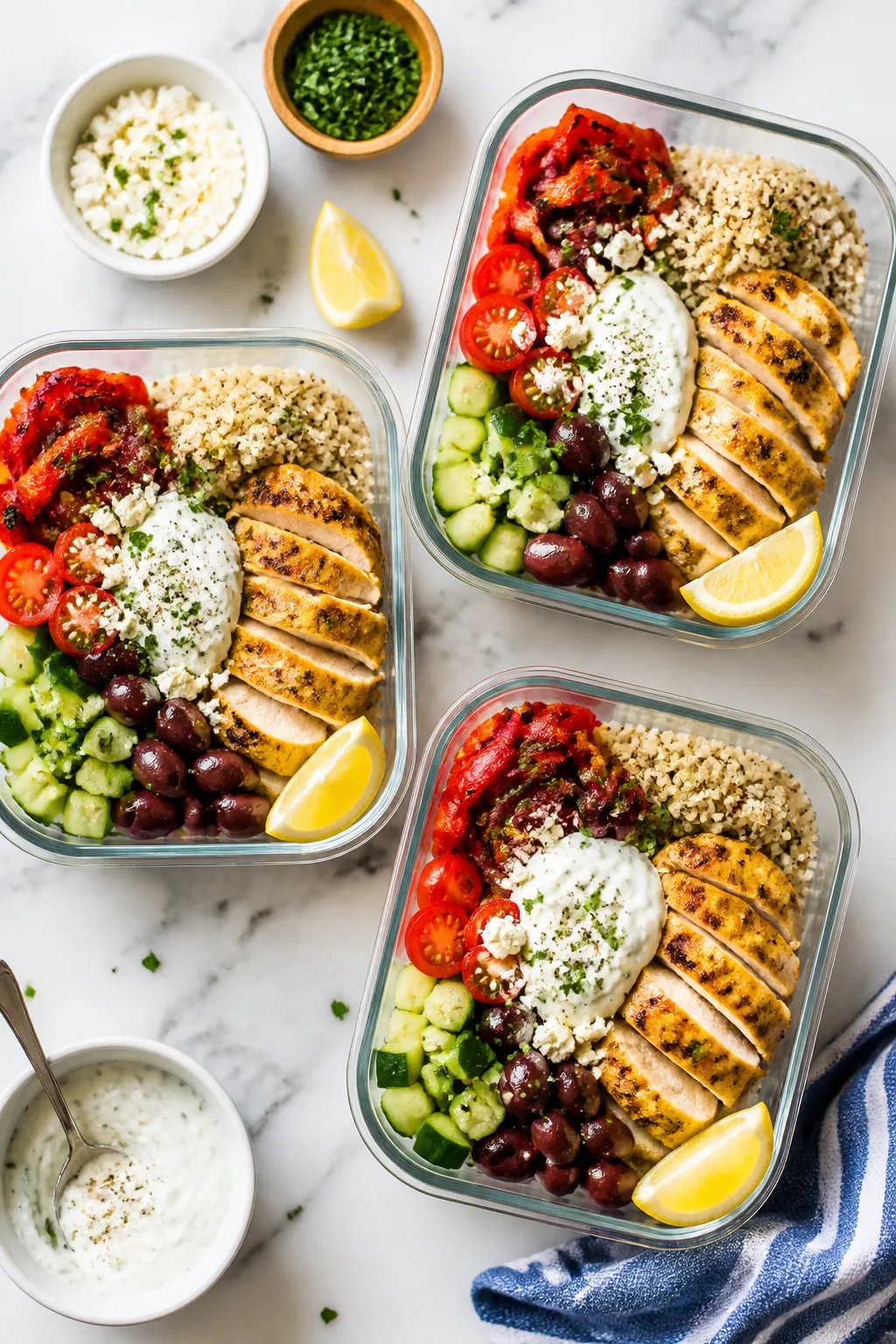 Tasty top view final dish: Overhead shot of assembled High Protein Greek Chicken meal-prep bowls—f