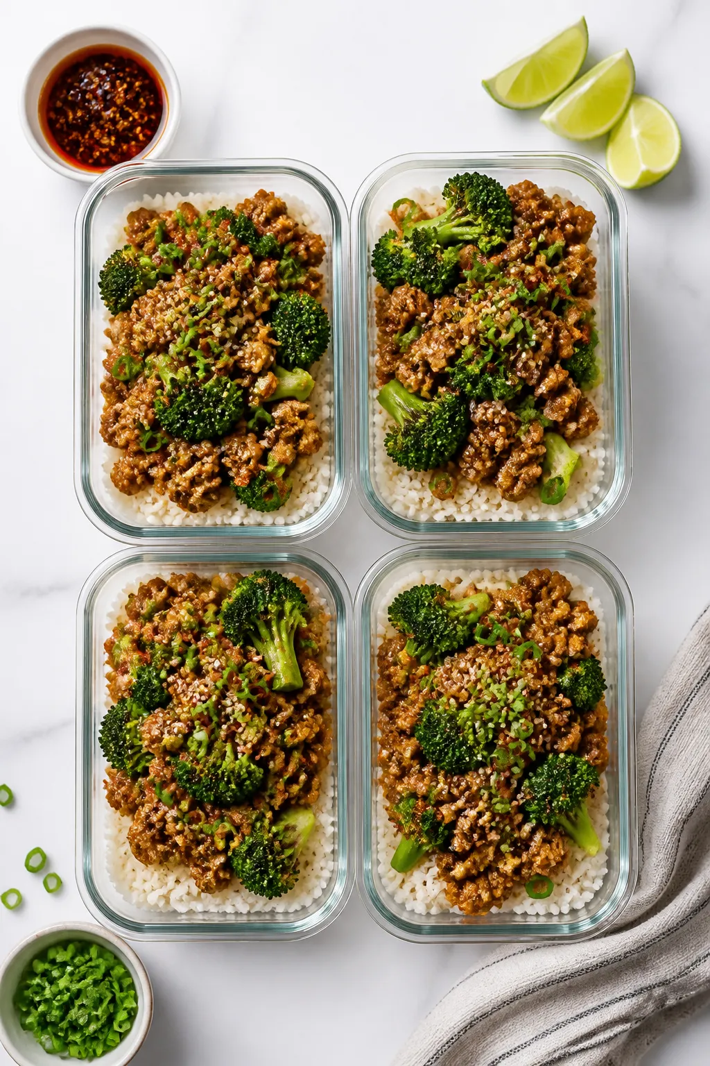 Tasty top view â Final meal prep bowls: overhead shot of four glass containers neatly packed with