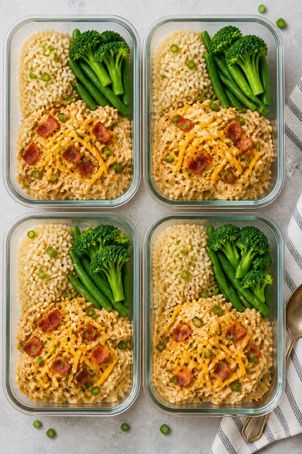 Tasty top view final meal prep: Overhead shot of four glass meal-prep containers neatly portioned—