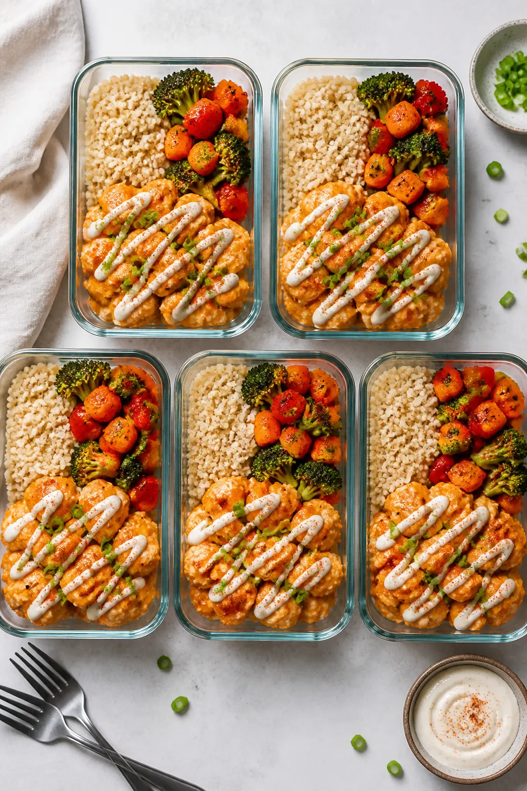 Tasty top-view final meal prep spread: five neatly arranged meal prep containers shown overhead, eac