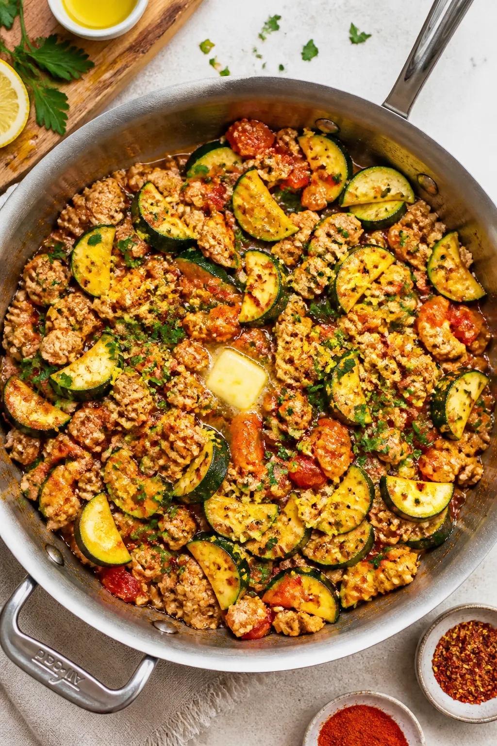 Tasty top view, final skillet: Overhead shot of Ground Chicken Zucchini Skillet finished in-pan, zuc