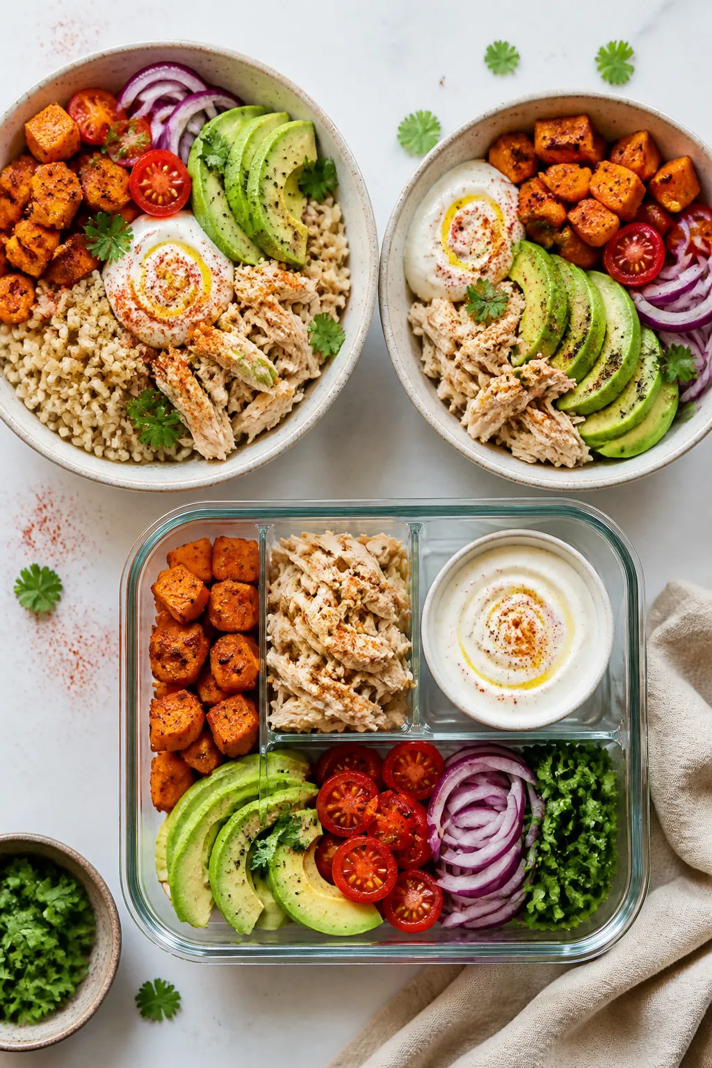 Tasty top view for meal prep variety: Overhead shot of two composed bowls and one open meal-prep con
