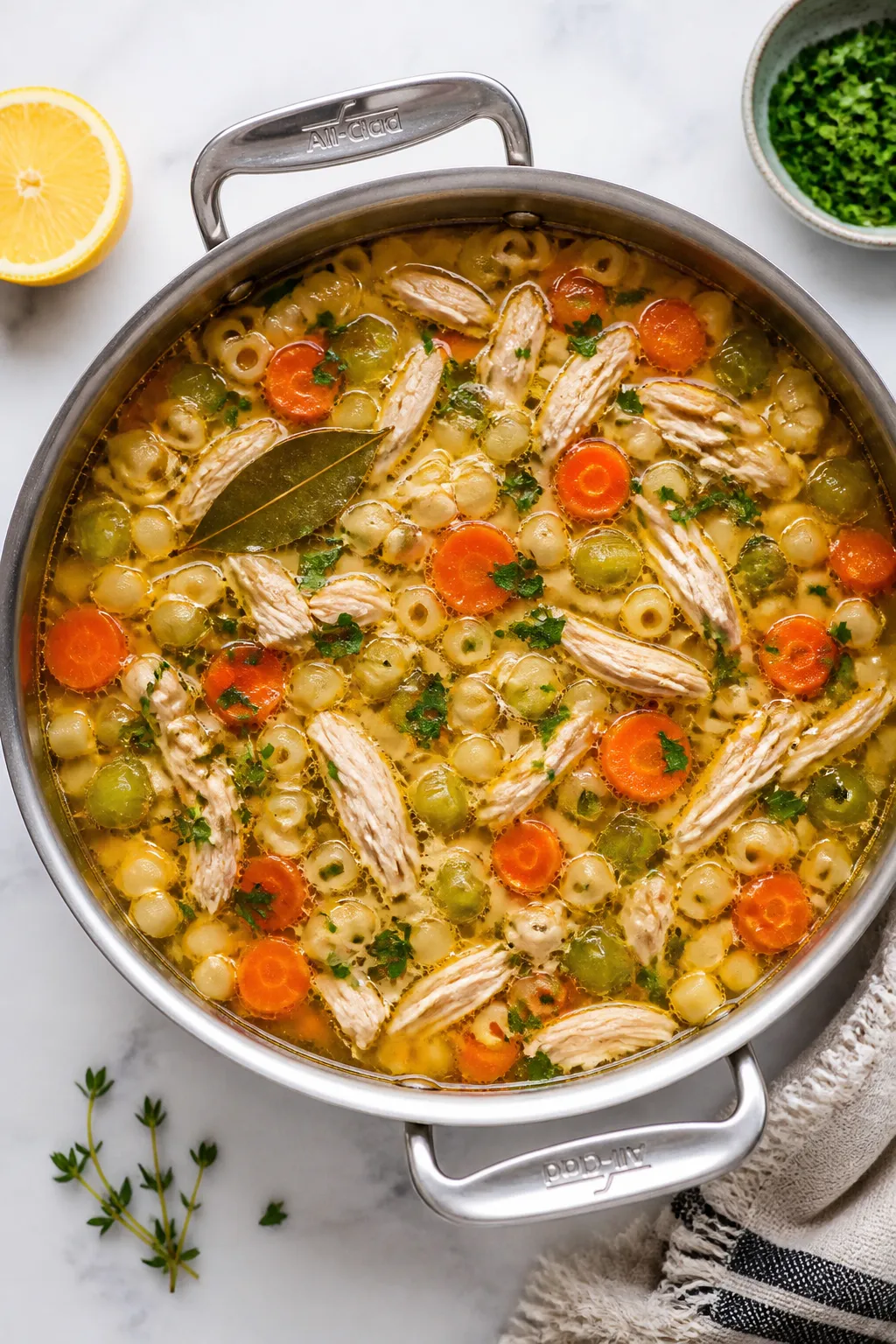 Tasty top view — Hearty chicken noodle moment: Overhead shot of rotisserie chicken soup at a gentl