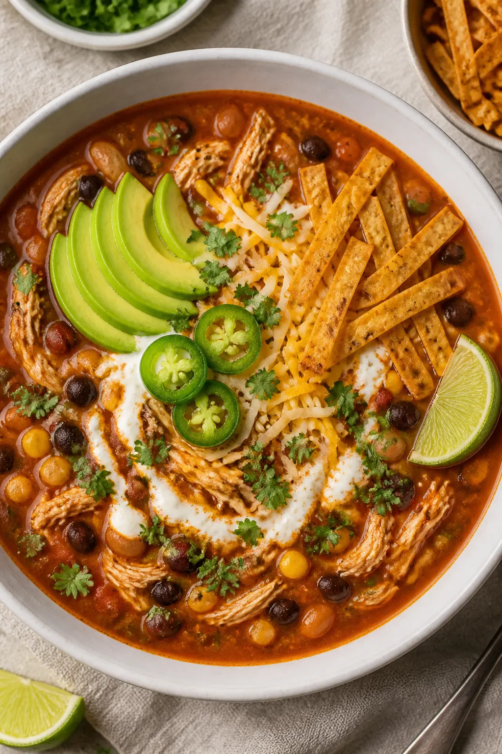 Tasty top view — Hearty final soup, vibrant toppings: Overhead shot of a thick, high-protein chick