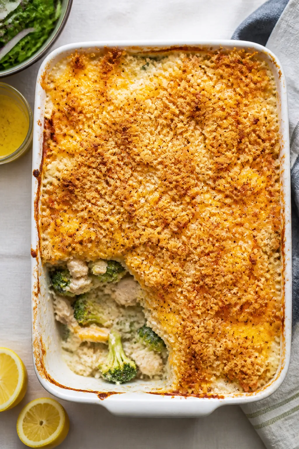 Tasty top view, in-pan finale: Overhead shot of a 9x13 casserole just out of the oven—edges active