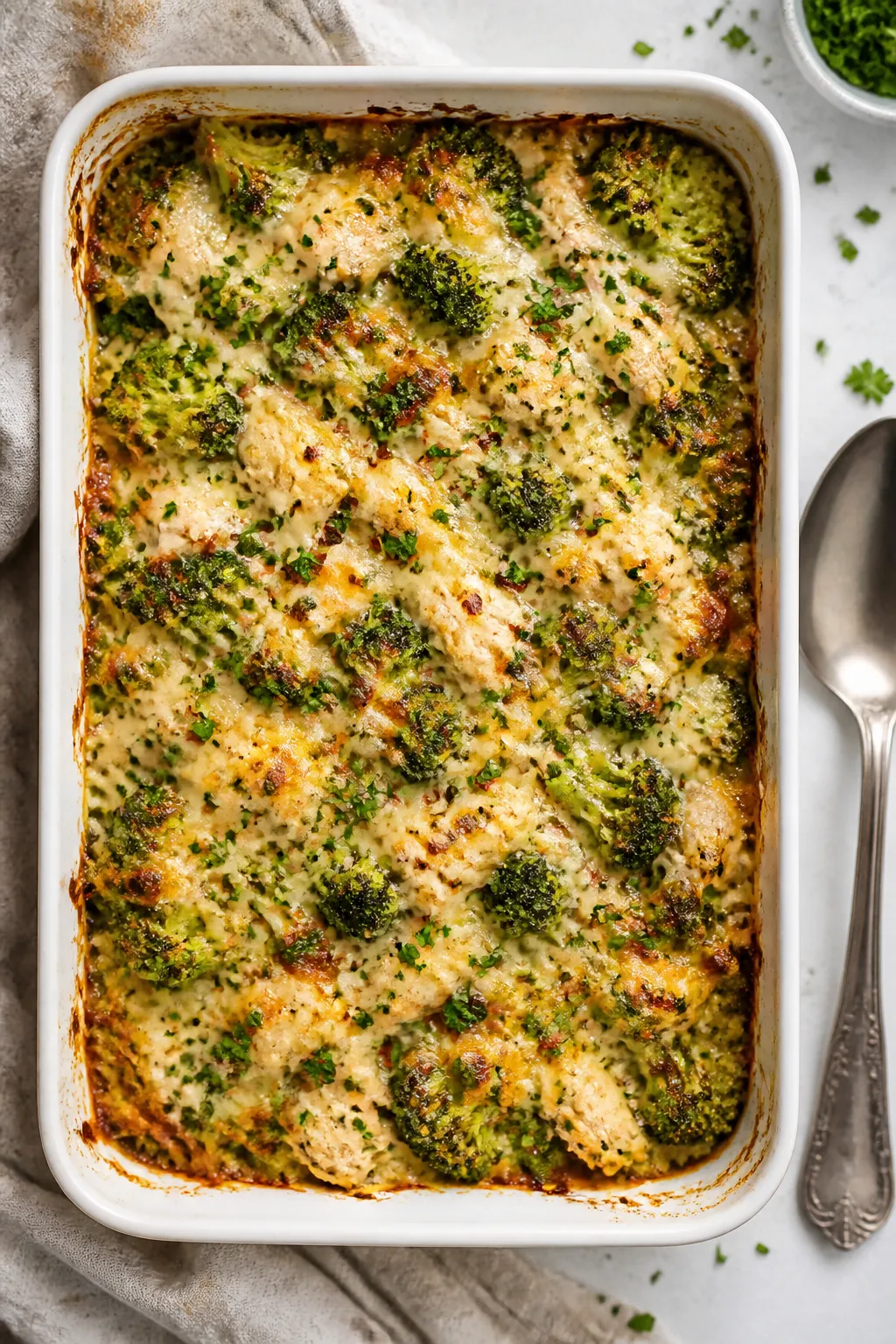 Tasty top view, just-baked casserole: Overhead shot of the Low Carb High Protein Rotisserie Chicken