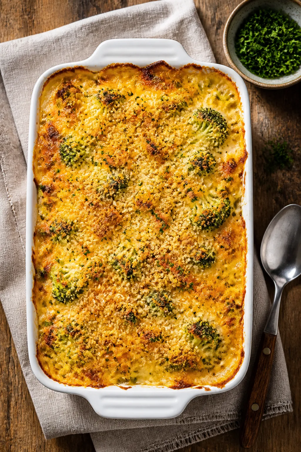 Tasty top view, just baked: Overhead shot of the casserole in a 9x13 white baking dish—bubbling ed