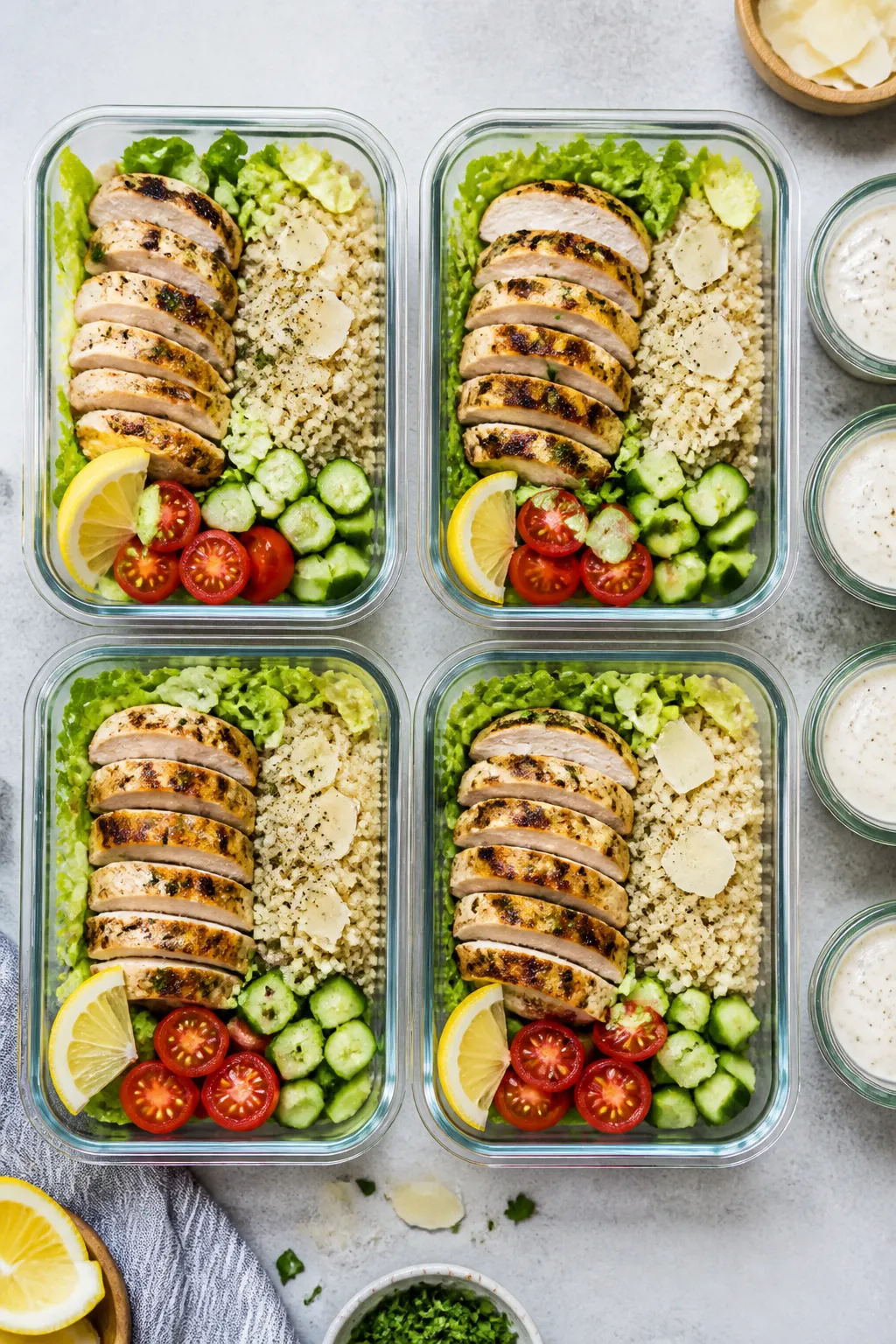 Tasty top view – Meal-prep assembly: Overhead shot of four clear meal-prep containers neatly arran