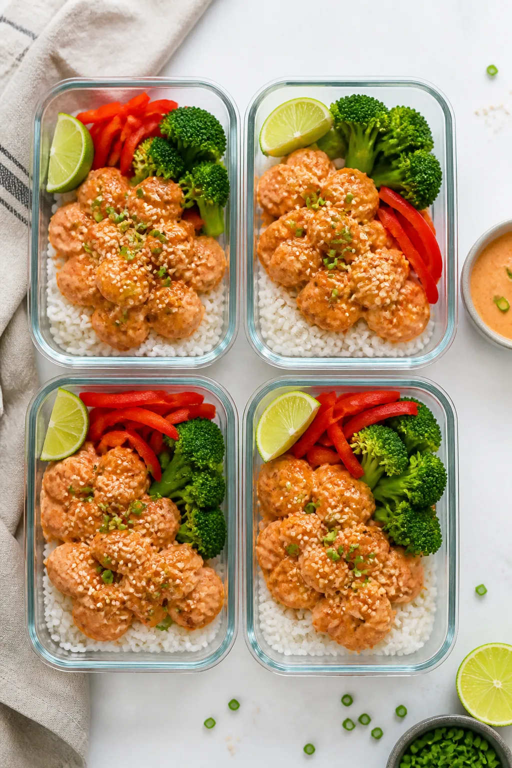 Tasty top view (meal prep assembly): Overhead shot of four neatly arranged glass meal-prep container