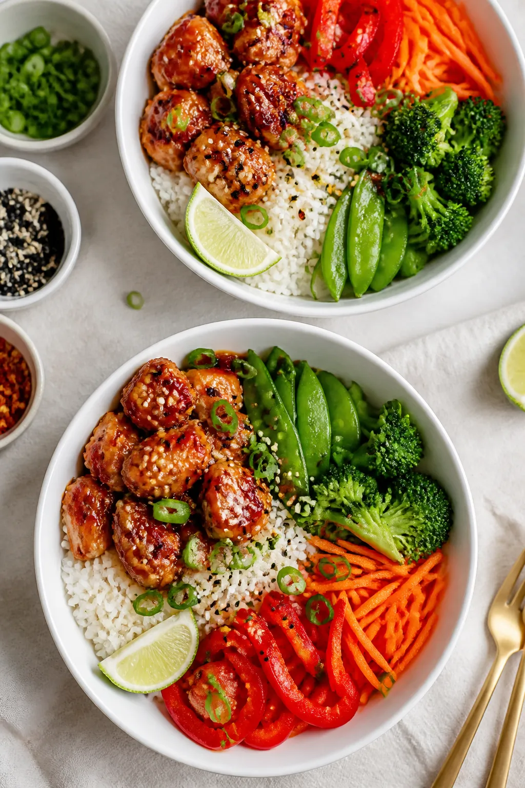 Tasty top view — Meal prep bowls: Overhead shot of neatly assembled high-protein sweet chili chick