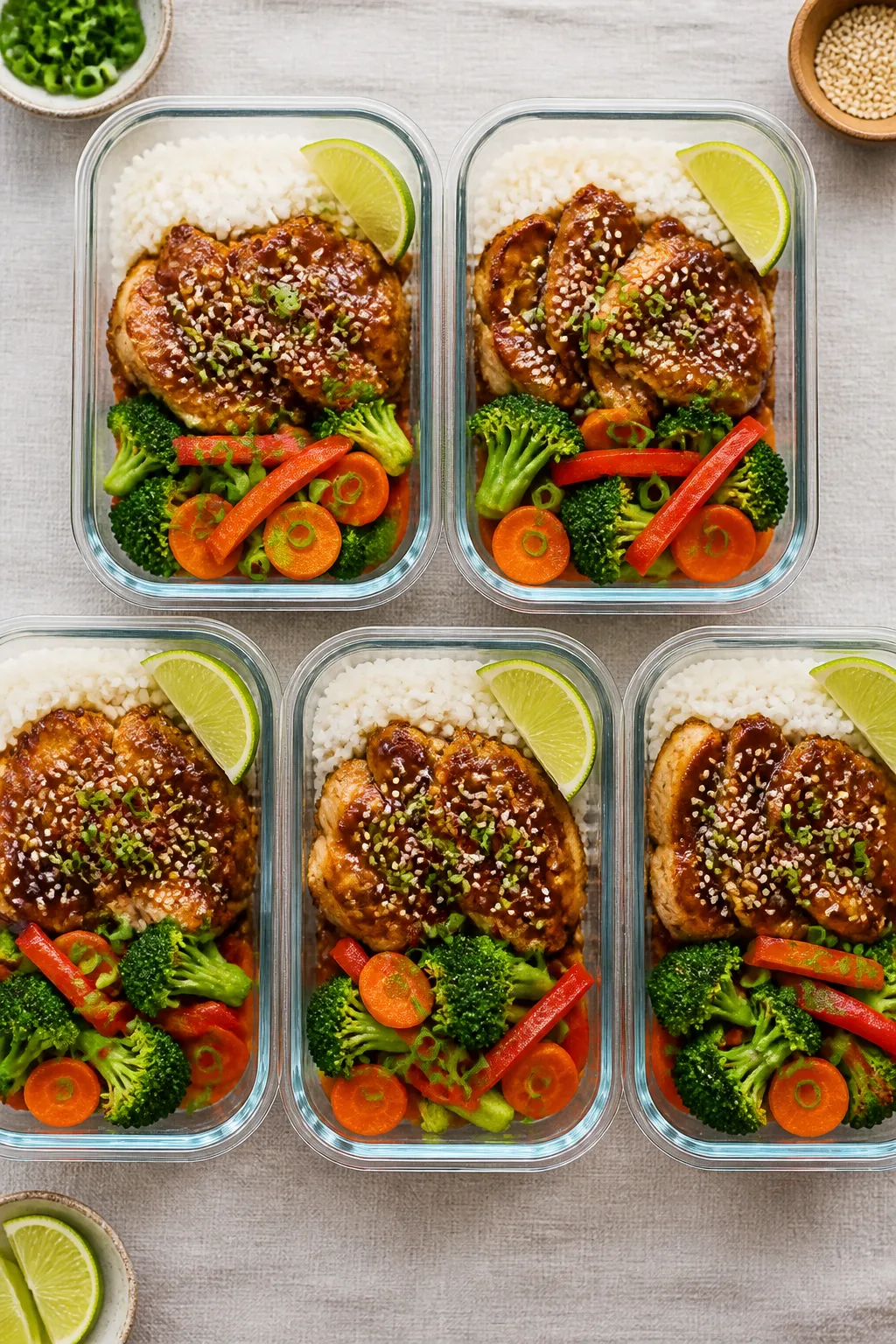 Tasty top view — Meal-prep containers: Overhead shot of five neatly portioned meal-prep containers