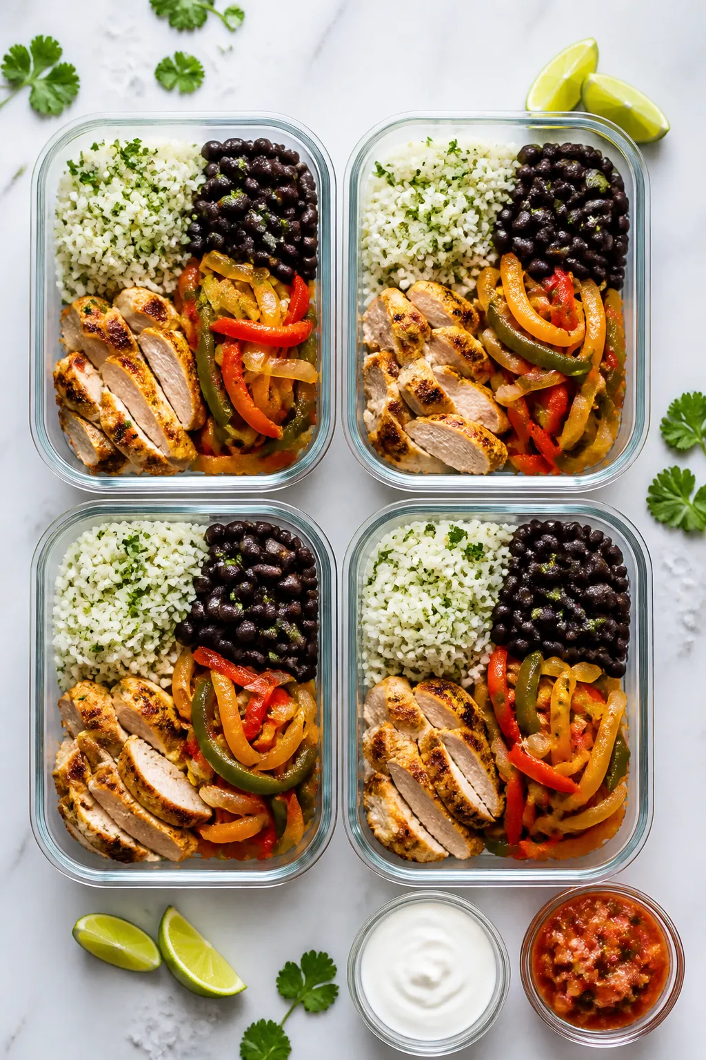 Tasty top view, meal prep focus: Overhead shot of four neatly assembled Chicken Fajita Meal Prep Bow