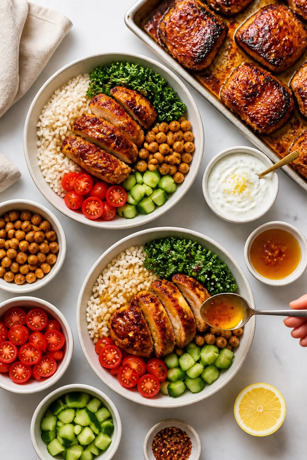 Tasty top view meal-prep/overhead: Overhead shot of multiple components ready for assembly—two bow
