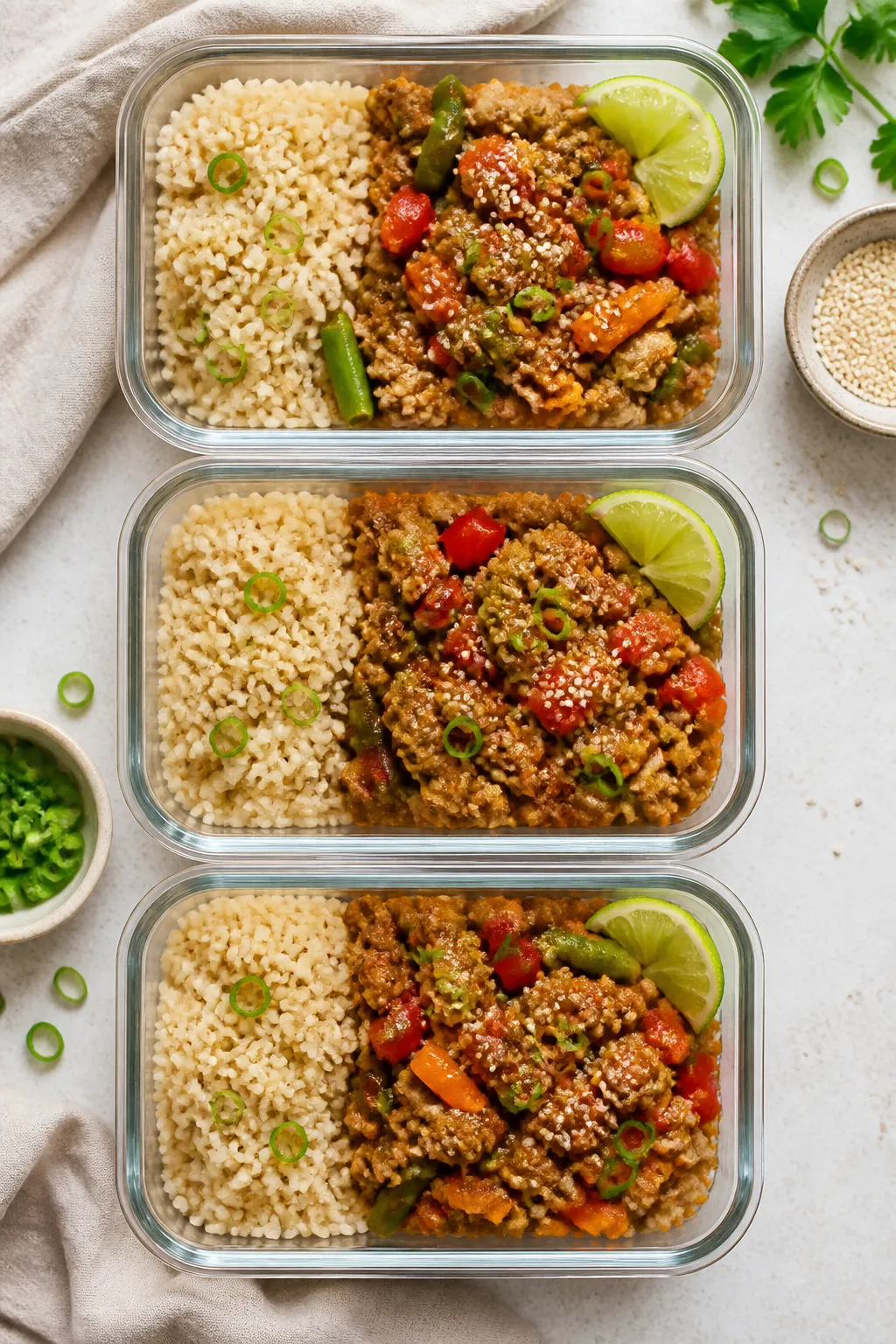 Tasty top view, meal-prep vibe: Overhead shot of high protein ground turkey stir fry portioned into