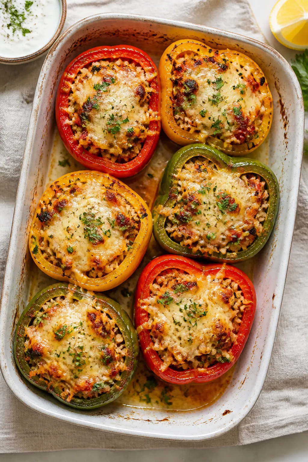 Tasty top view, overhead: A baking dish of par-baked, stuffed bell peppers (red, yellow, and green)
