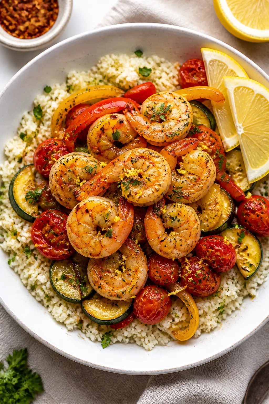 Tasty top view, overhead bowl assembly: Overhead shot of Low Calorie Lemon Garlic Shrimp Bowl built